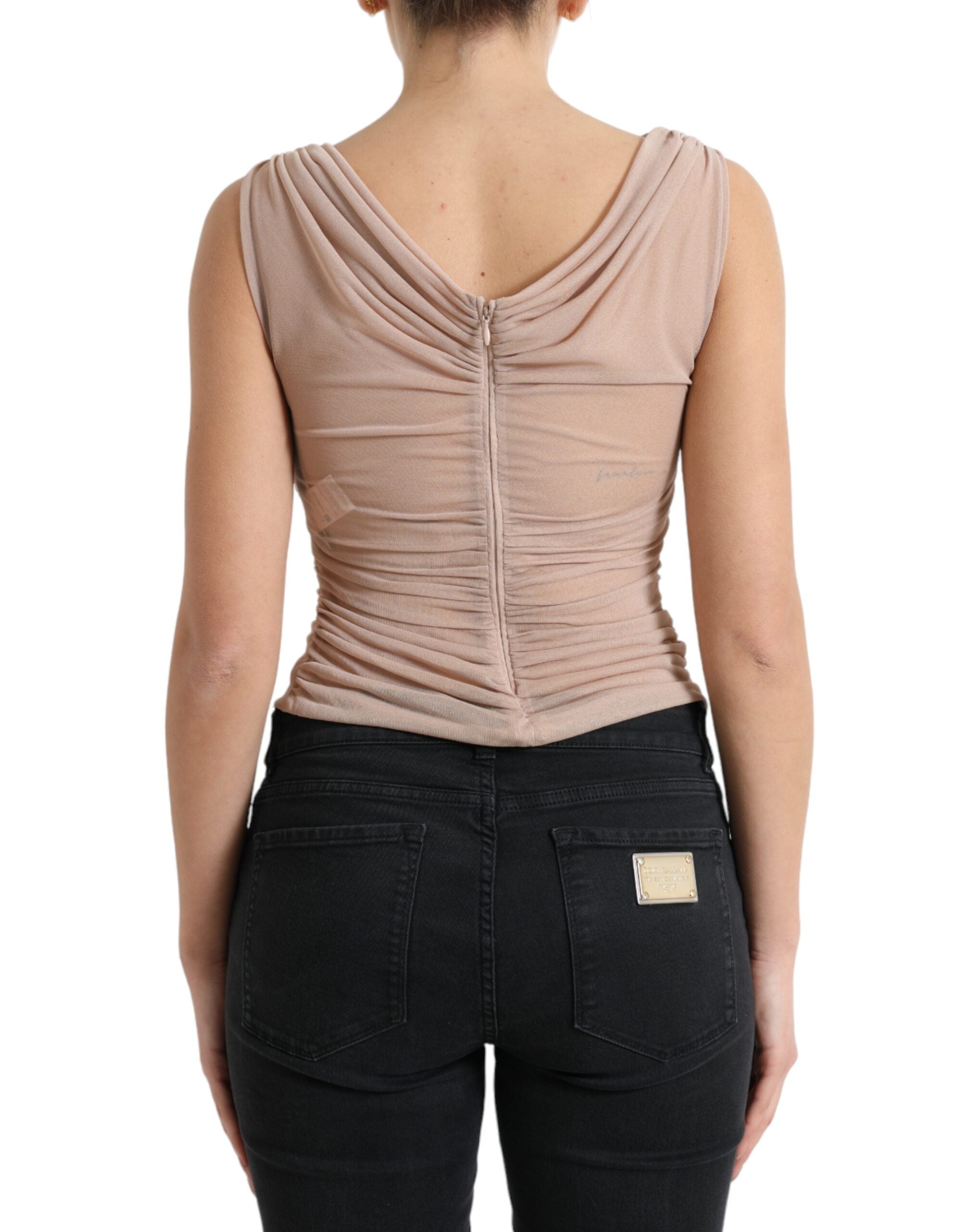 Beige Viscose V-neck Sleeveless Tank Top - ventzia