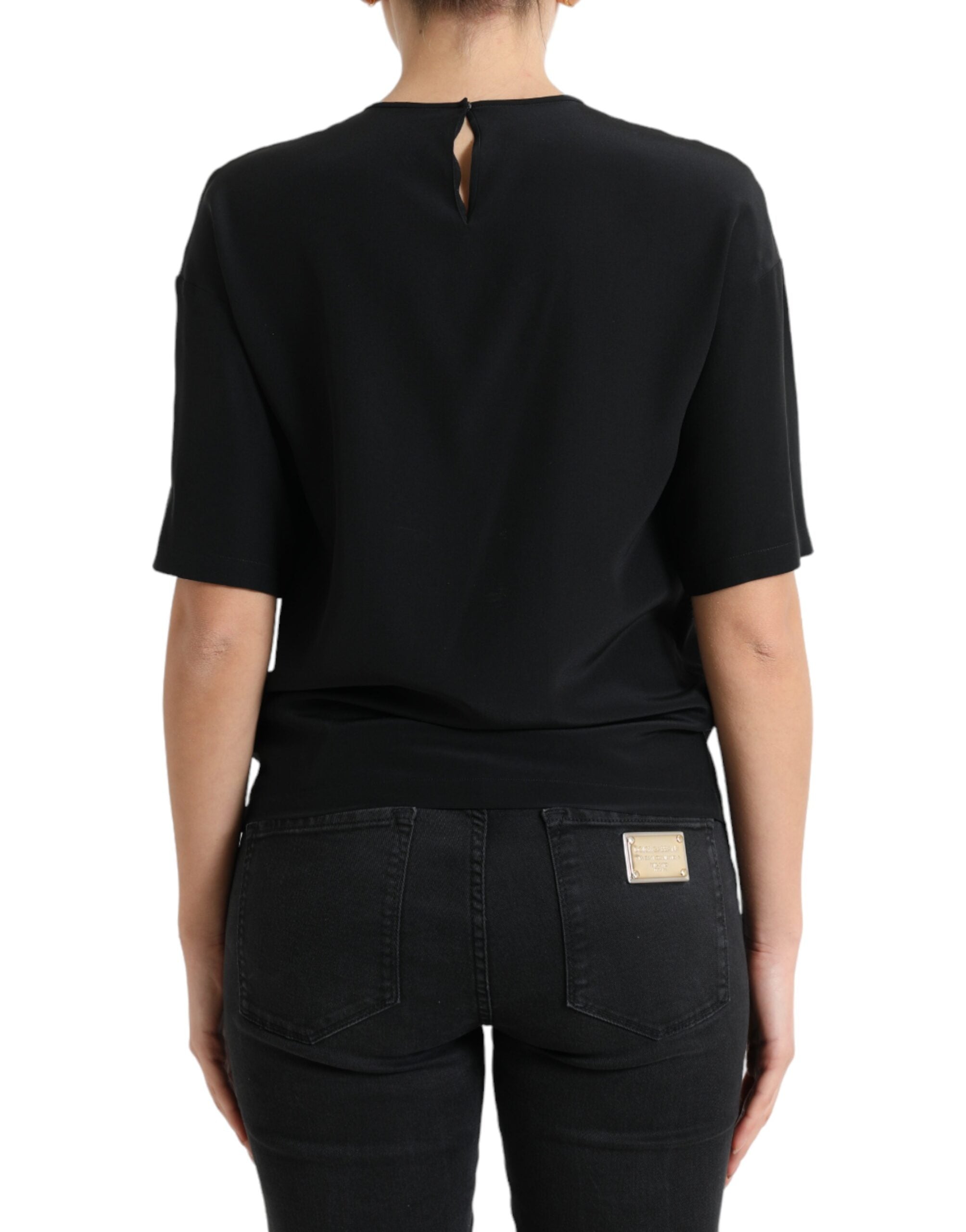 Black Silk Round Neck Short Sleeve Blouse Top - ventzia