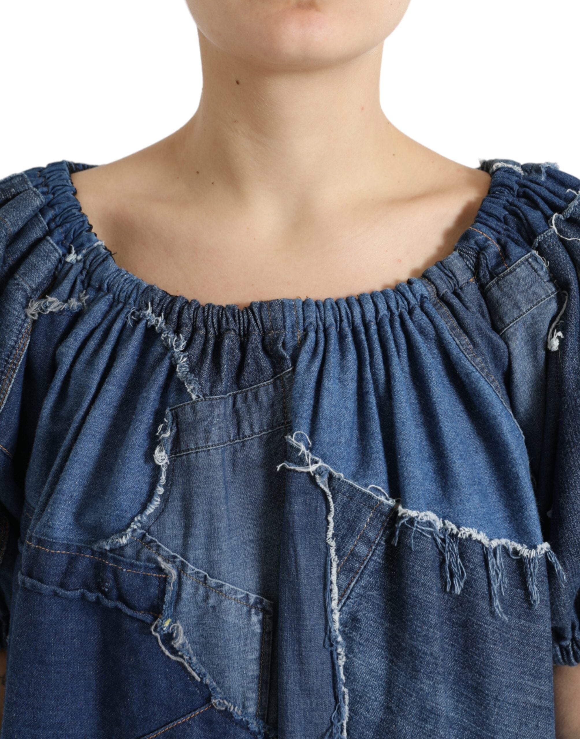 Blue Patchwork Short Sleeves Denim Blouse Top - ventzia