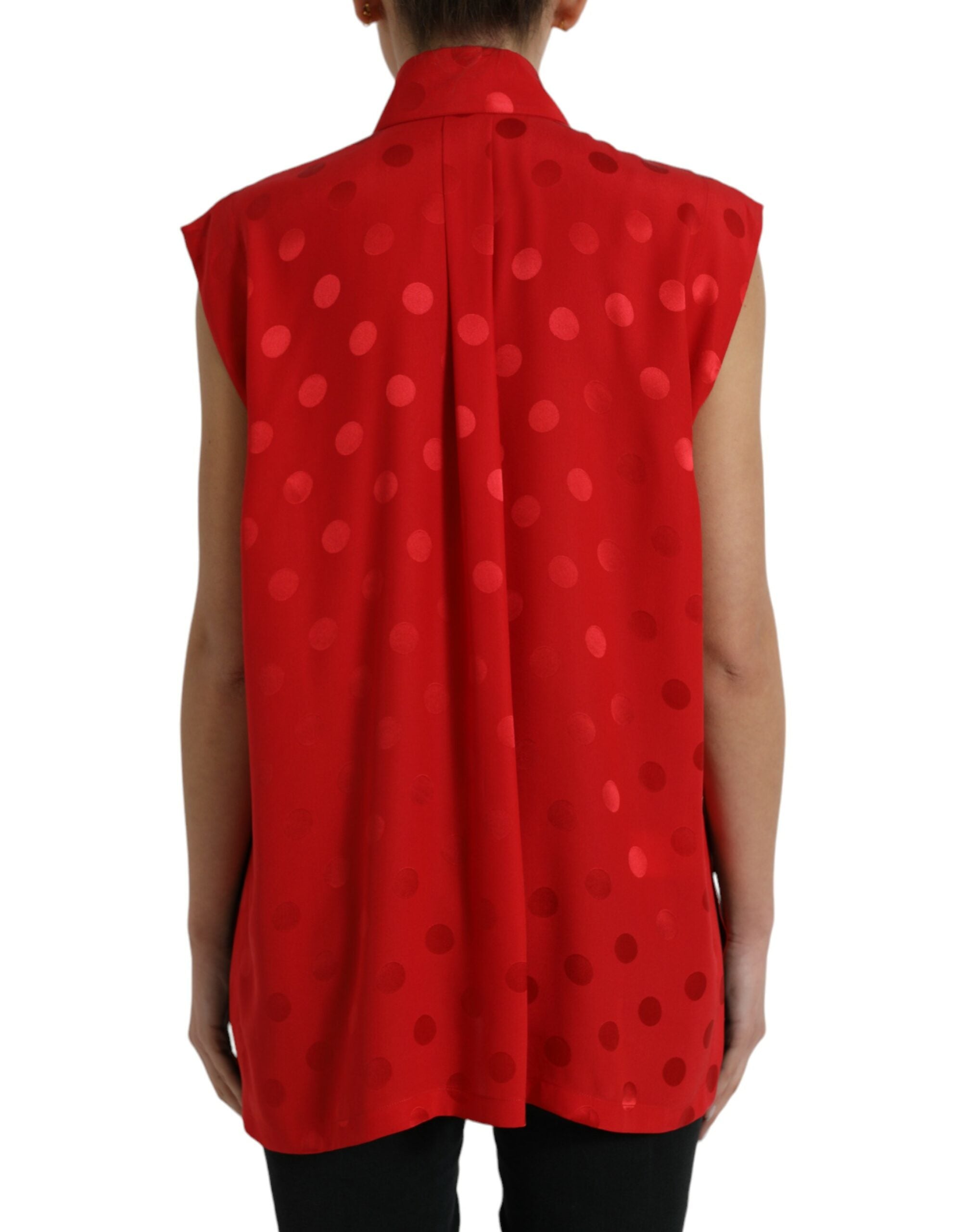 Red Polka Dot Sleeveless Collared Blouse Top - ventzia