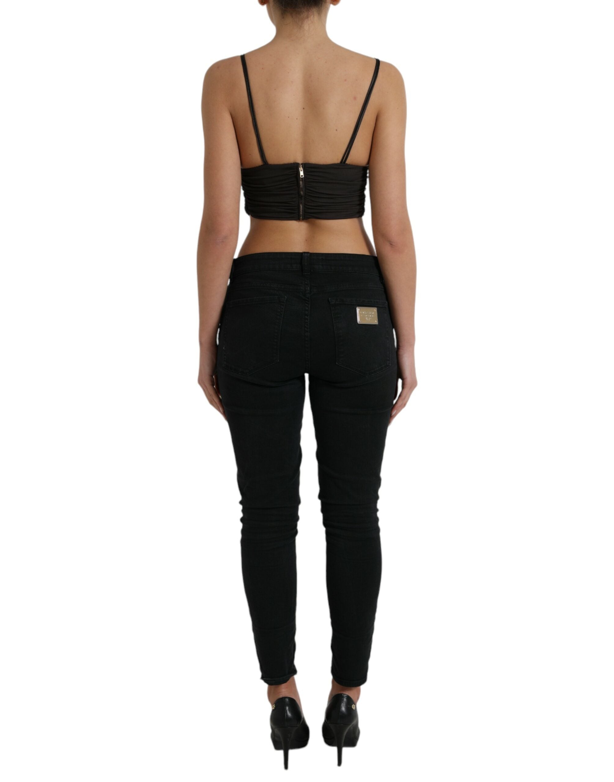 Brown Viscose Plunging V-neck Cropped Tank Top - ventzia