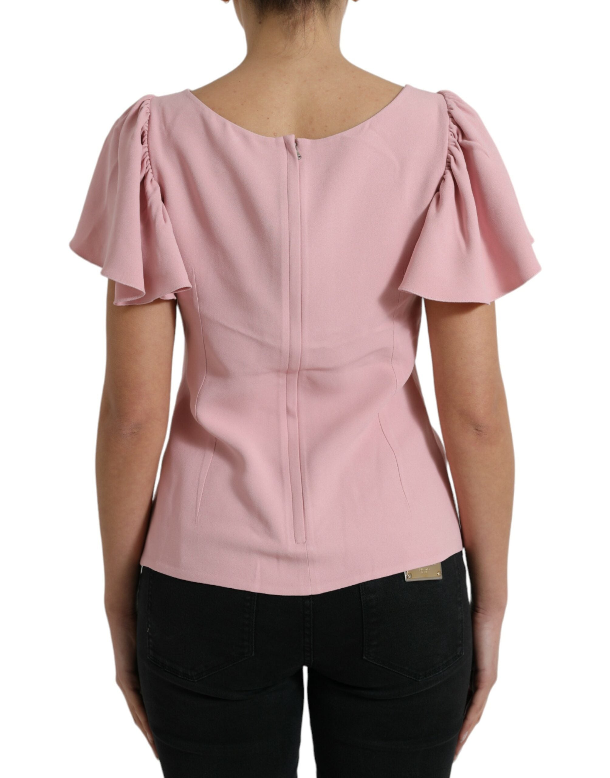 Pink Short Sleeves Round Neck Blouse Top - ventzia