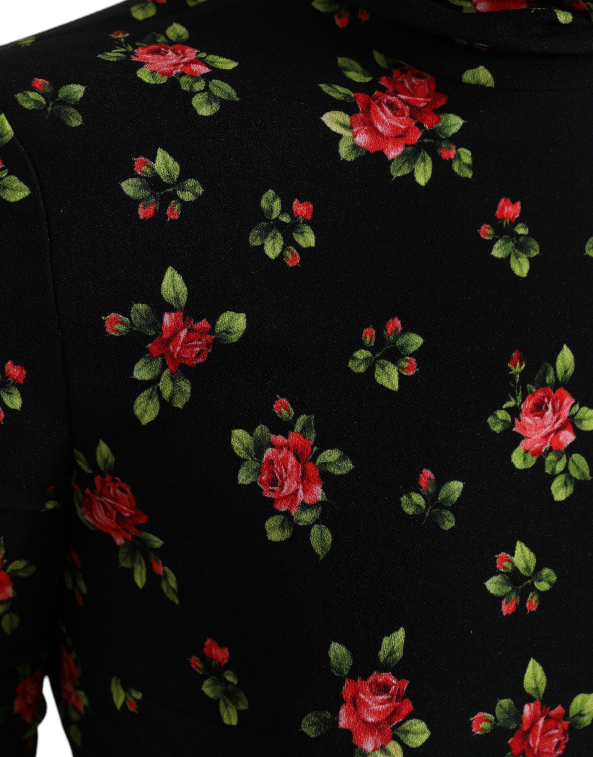 Black Rose Print Turtle Neck Blouse Top - ventzia