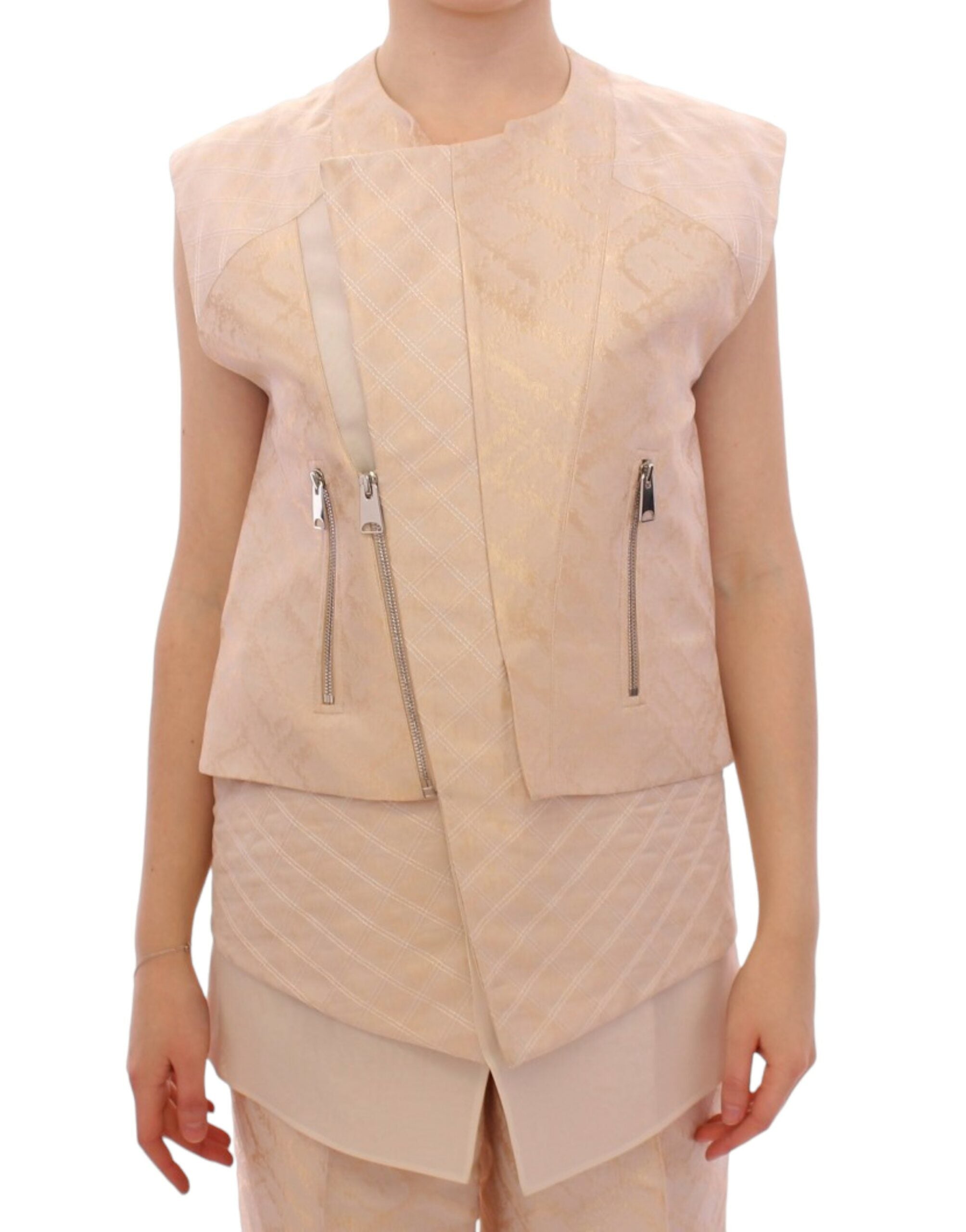 Exquisite Beige Brocade Sleeveless Jacket Vest - ventzia
