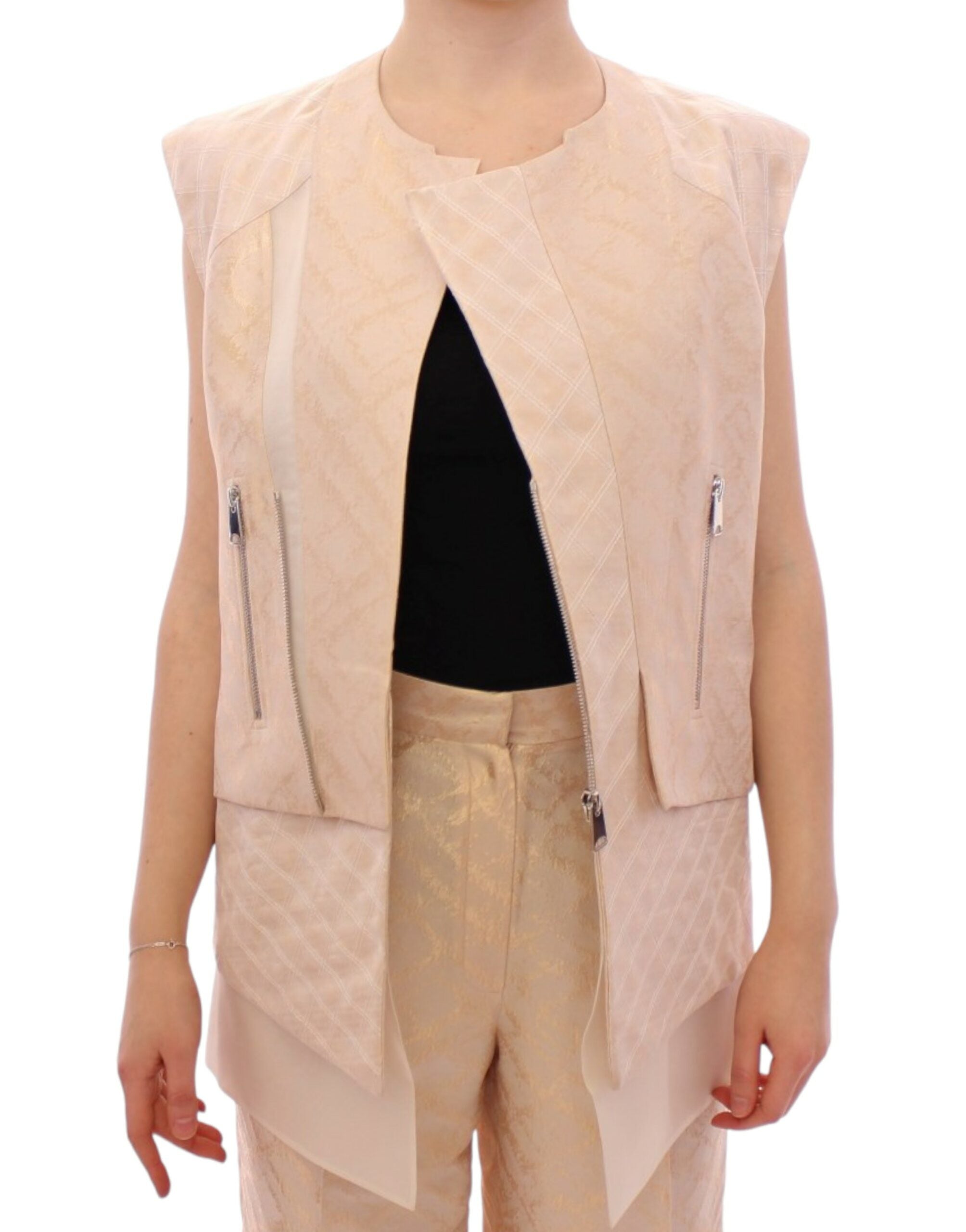 Exquisite Beige Brocade Sleeveless Jacket Vest - ventzia