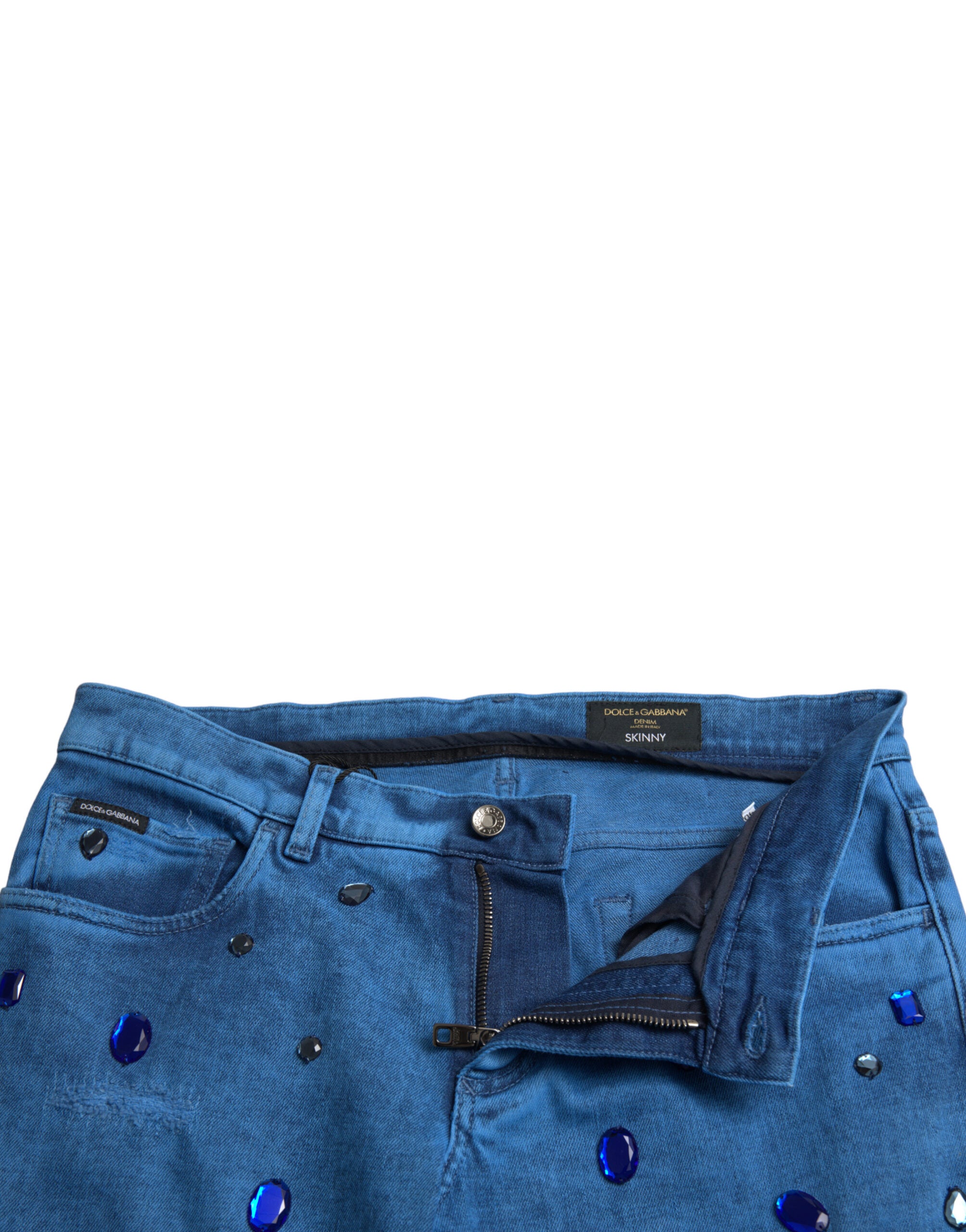 Blue Crystal Embellished Skinny Denim Jeans - ventzia