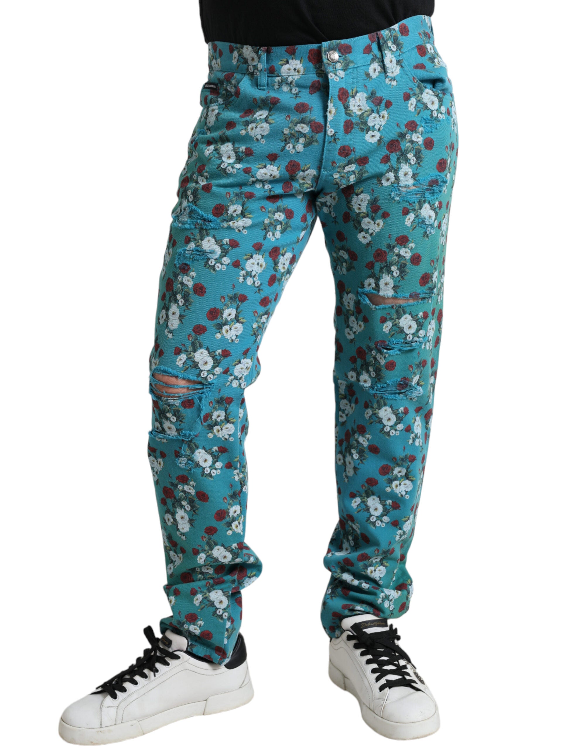 Blue Floral Print Skinny Cotton Denim Pants - ventzia