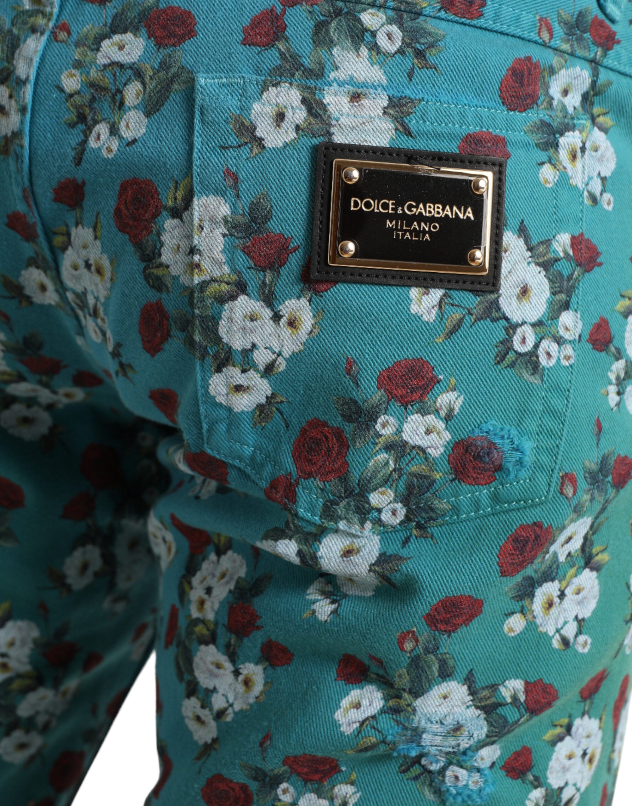 Blue Floral Print Skinny Cotton Denim Pants - ventzia