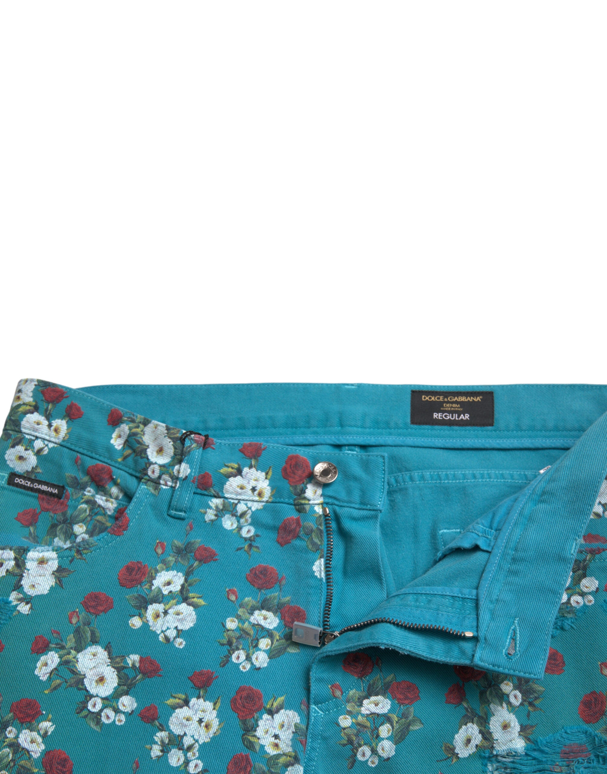 Blue Floral Print Skinny Cotton Denim Pants - ventzia