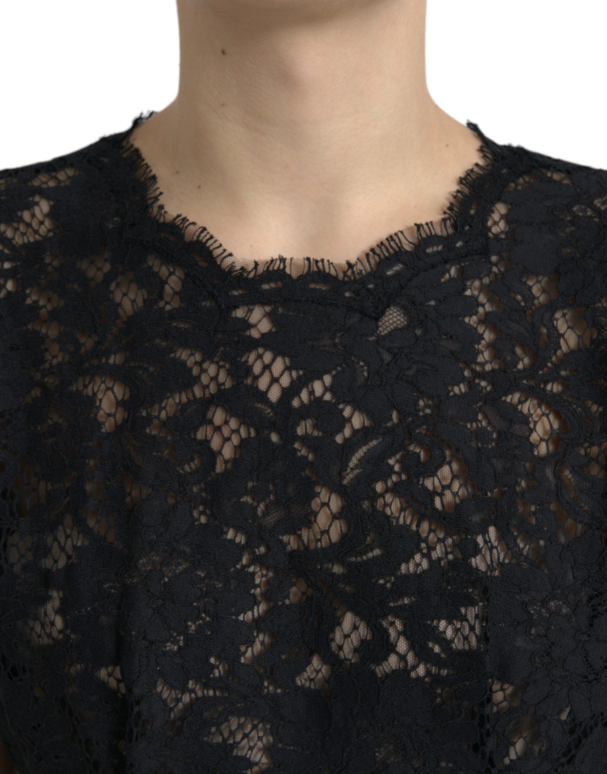 Black Floral Lace Cotton A-line Mini Dress - ventzia