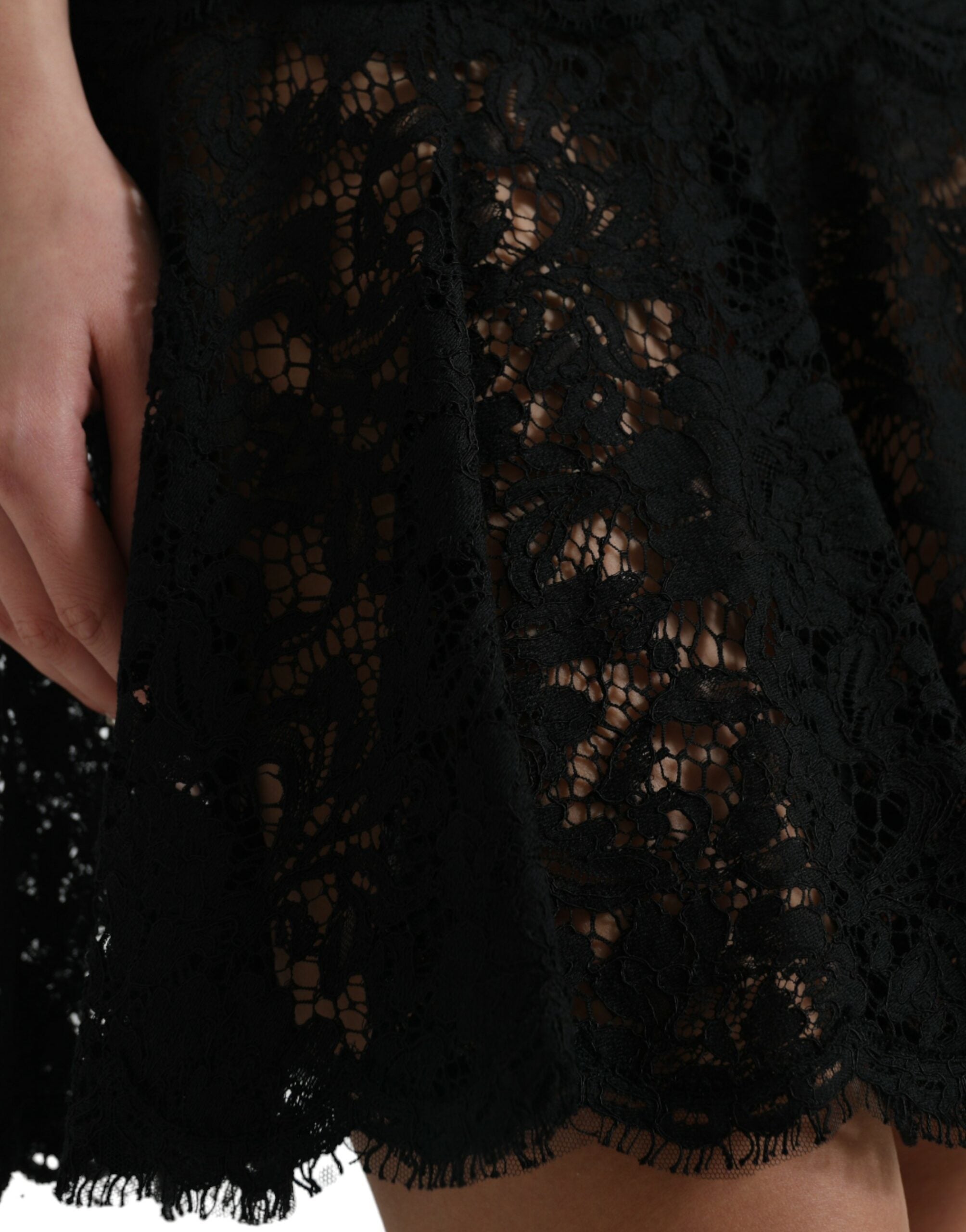 Black Floral Lace Cotton A-line Mini Dress - ventzia