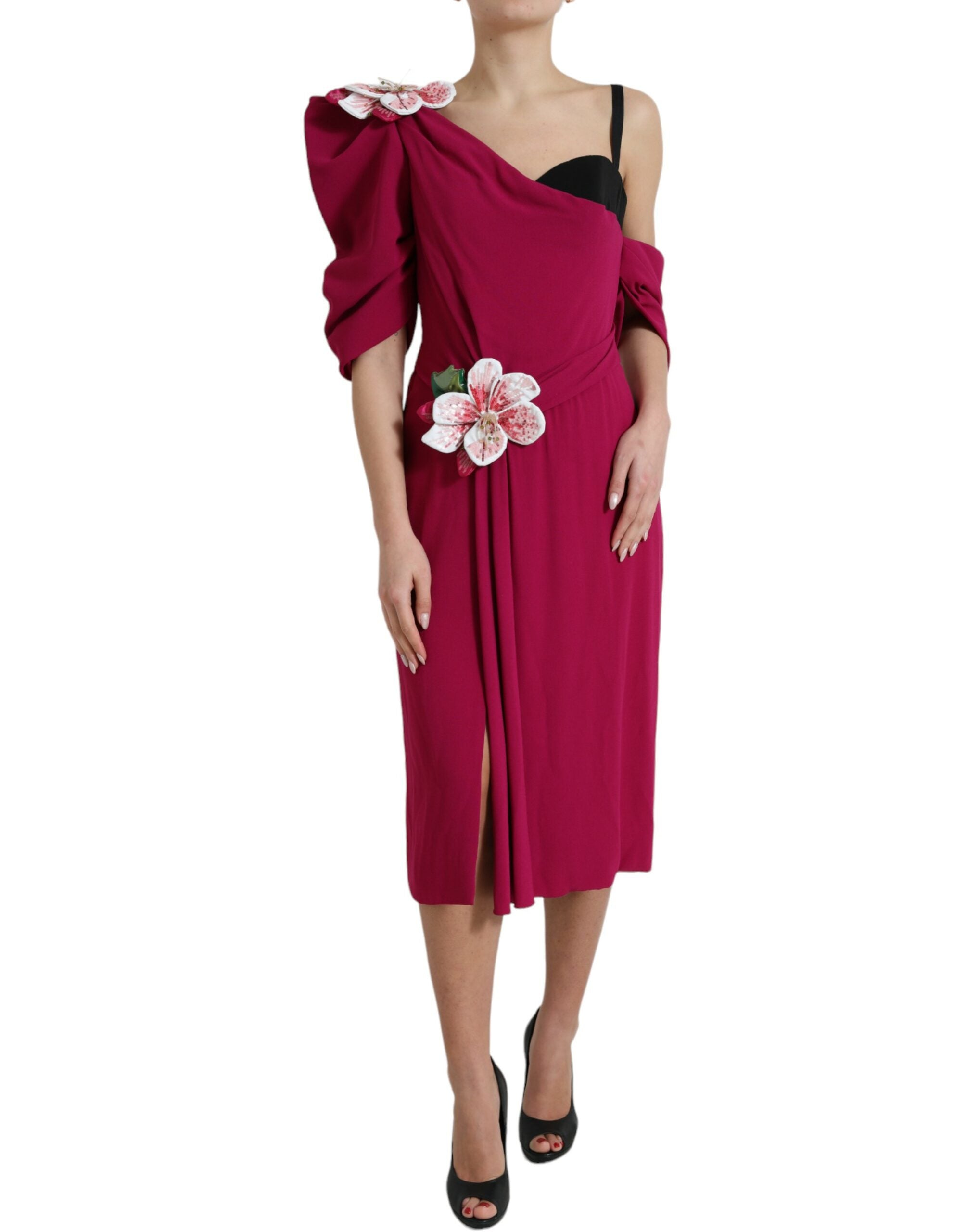 Purple Flower Embellished One Shoulder Dress - ventzia