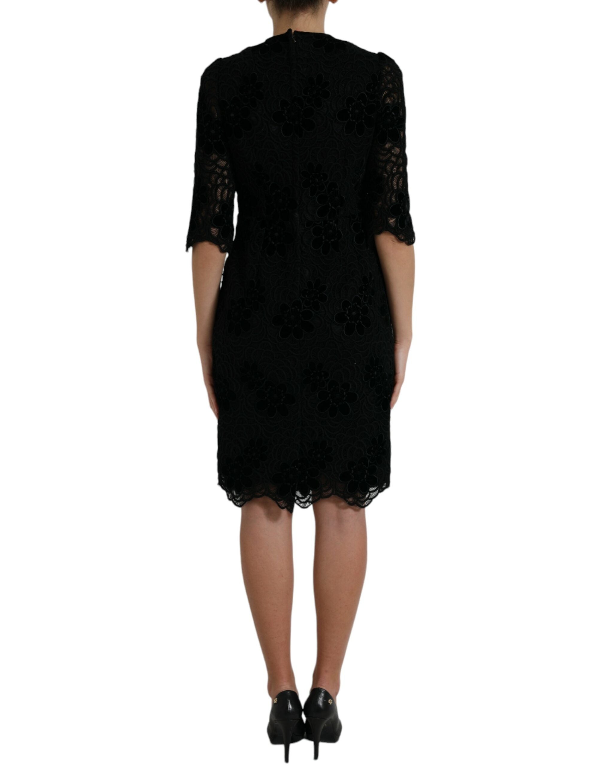 Black Floral Lace Cotton Bodycon Dress - ventzia