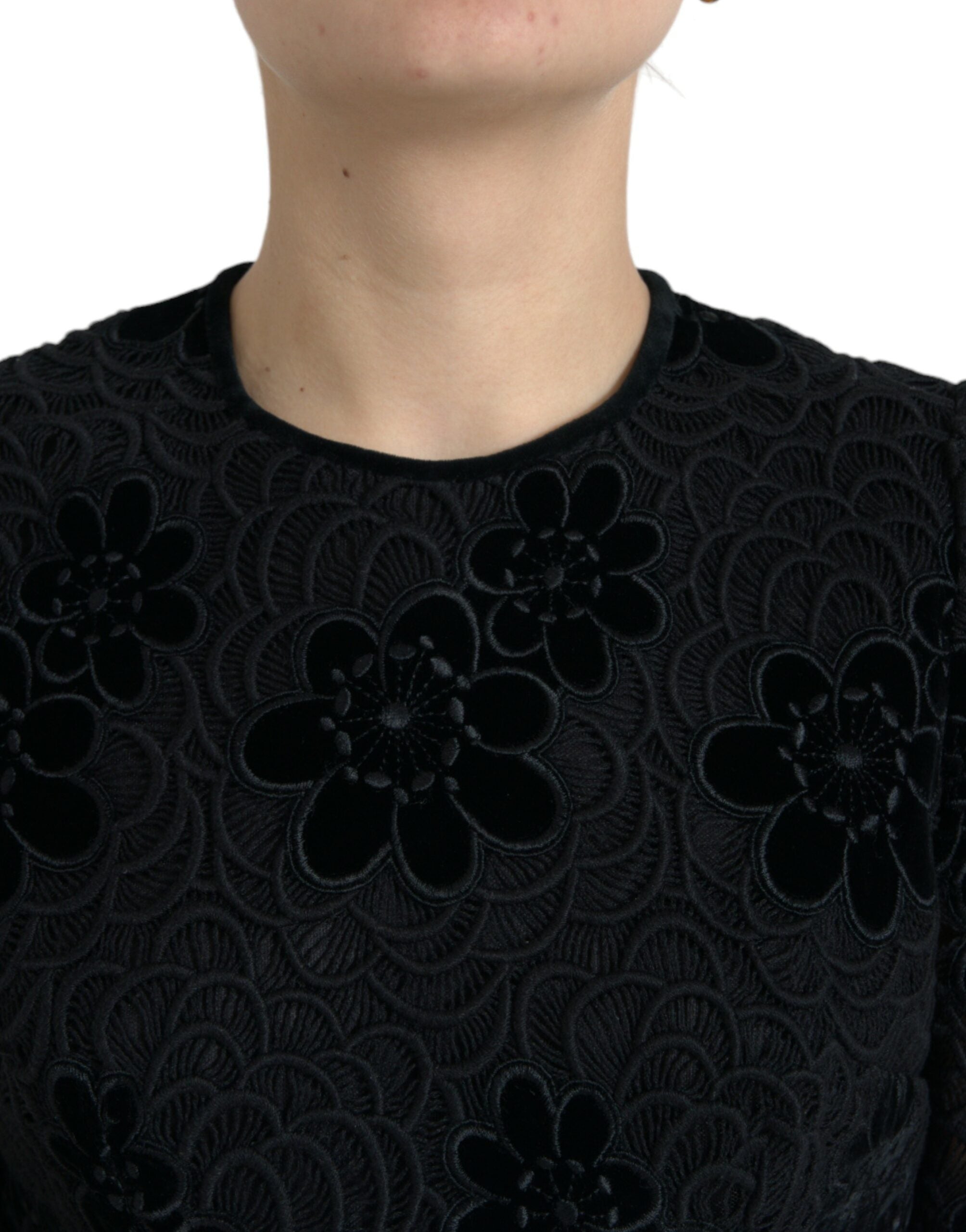 Black Floral Lace Cotton Bodycon Dress - ventzia