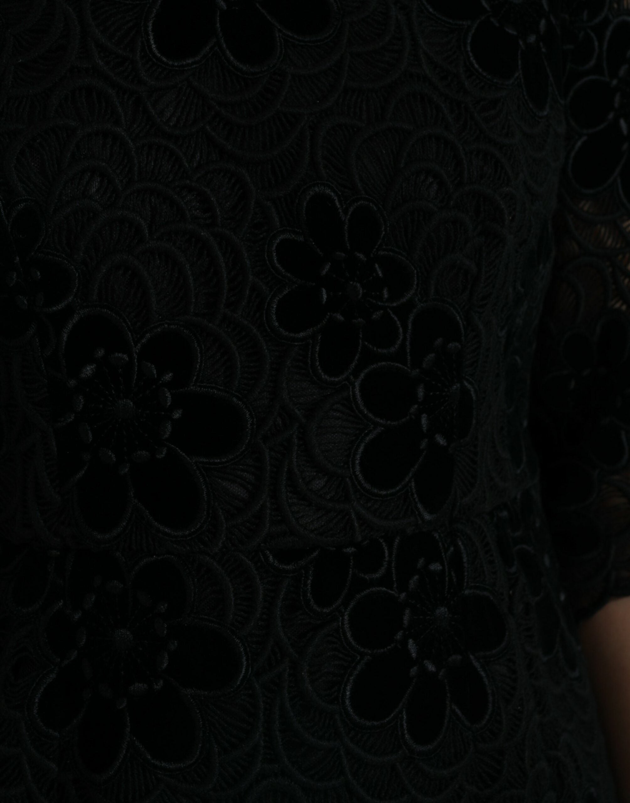 Black Floral Lace Cotton Bodycon Dress - ventzia