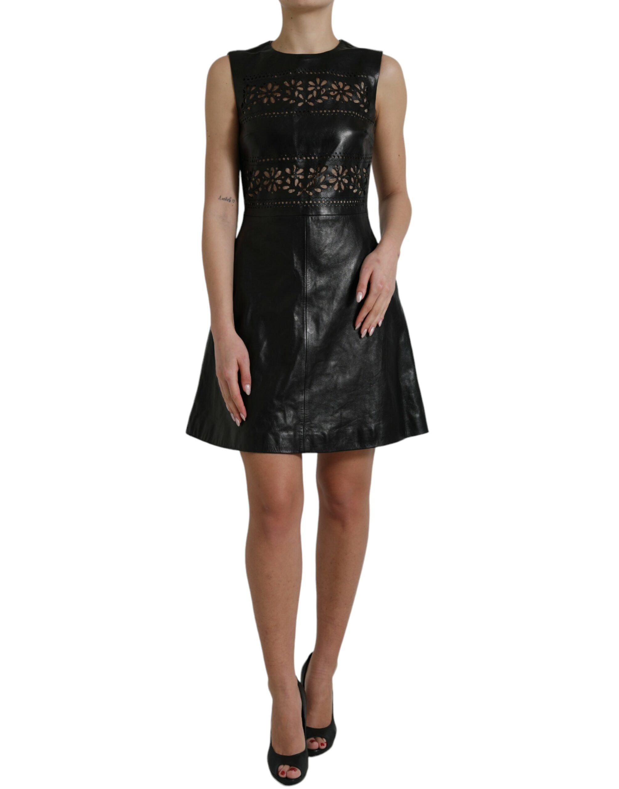 Shiny Black Nylon Cut Out A-line Mini Dress - ventzia