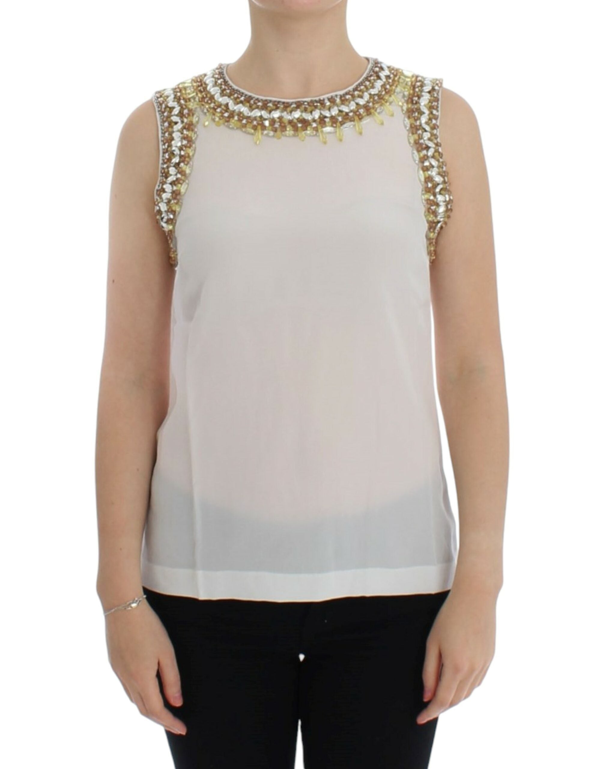 Elegant Sleeveless Silk Blouse with Crystal Embellishment - ventzia