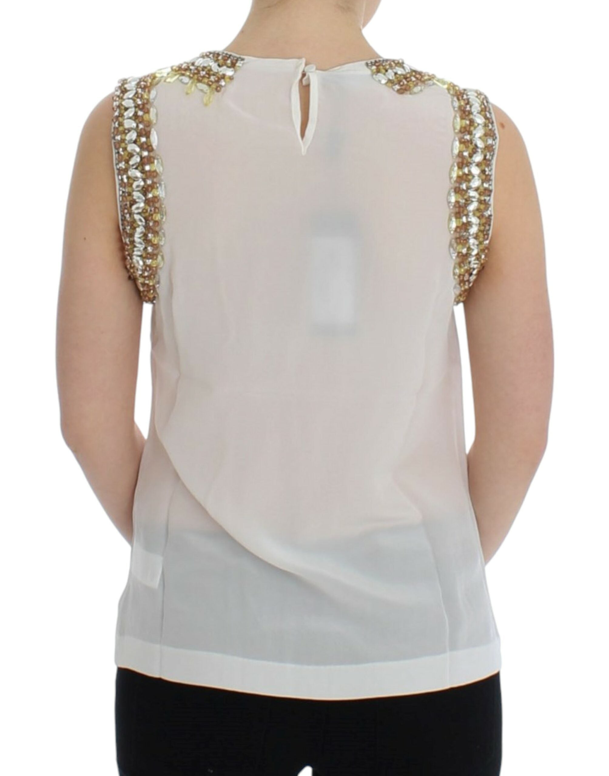 Elegant Sleeveless Silk Blouse with Crystal Embellishment - ventzia