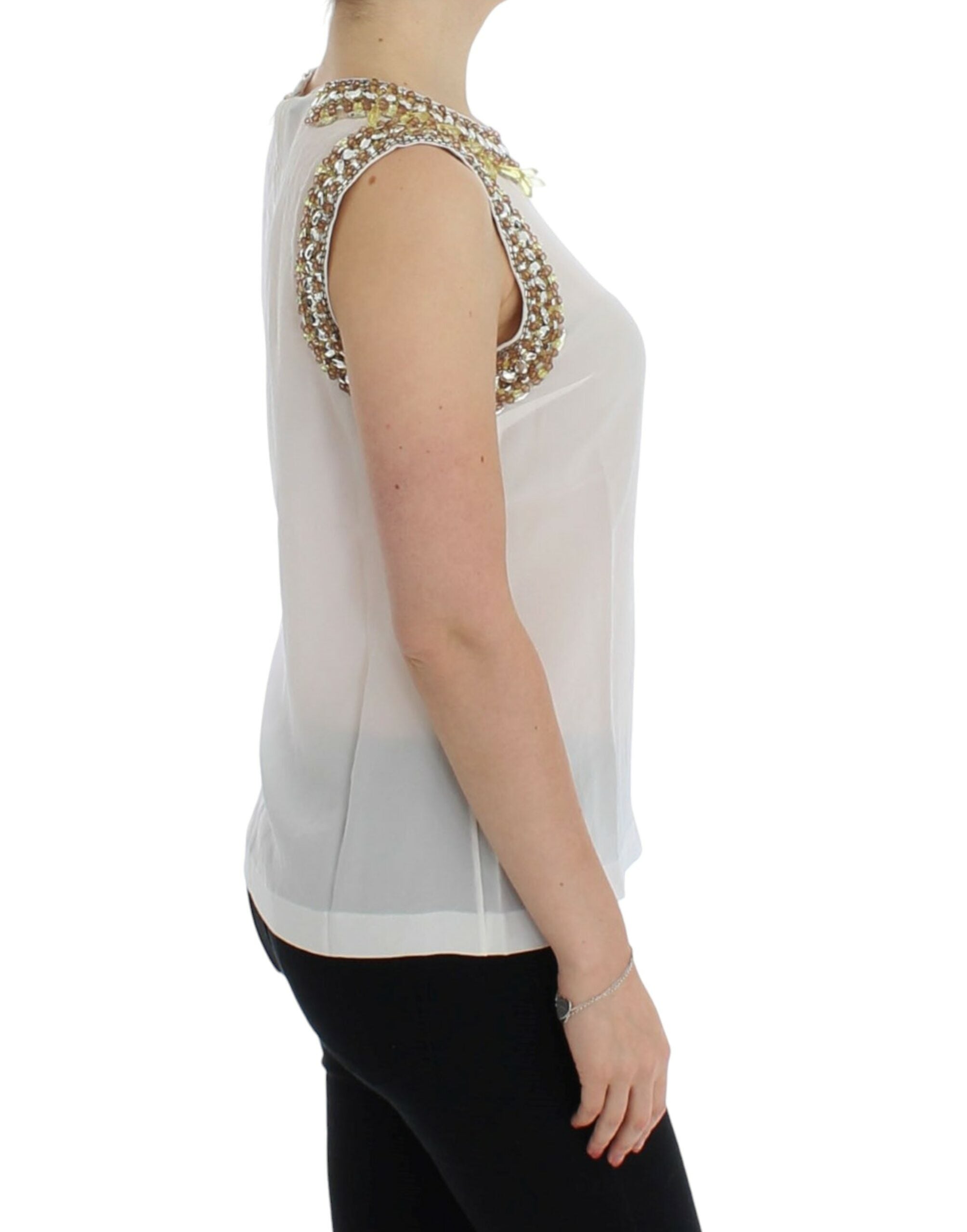 Elegant Sleeveless Silk Blouse with Crystal Embellishment - ventzia