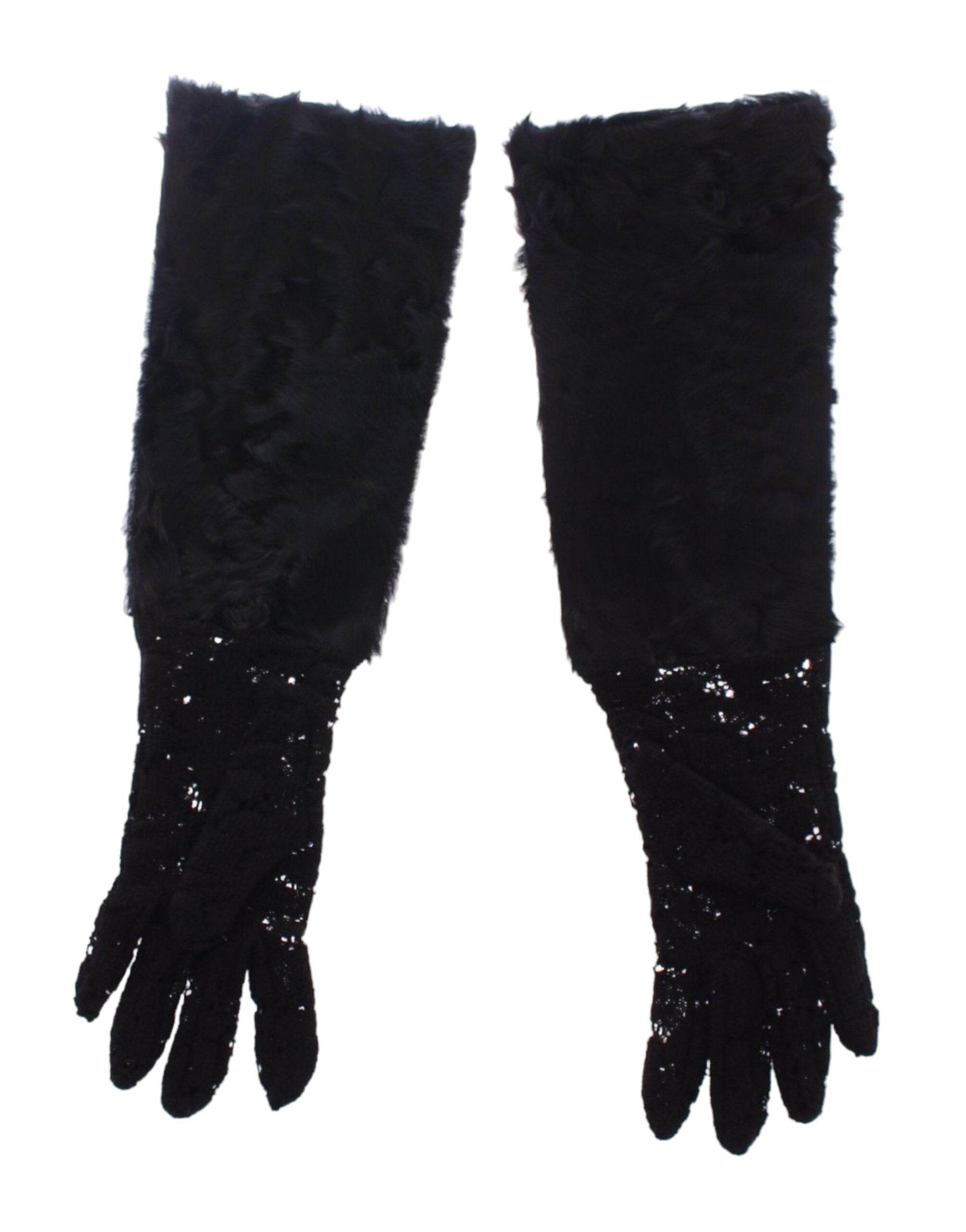 Black Wool Lace & Lamb Fur Elbow Gloves - ventzia