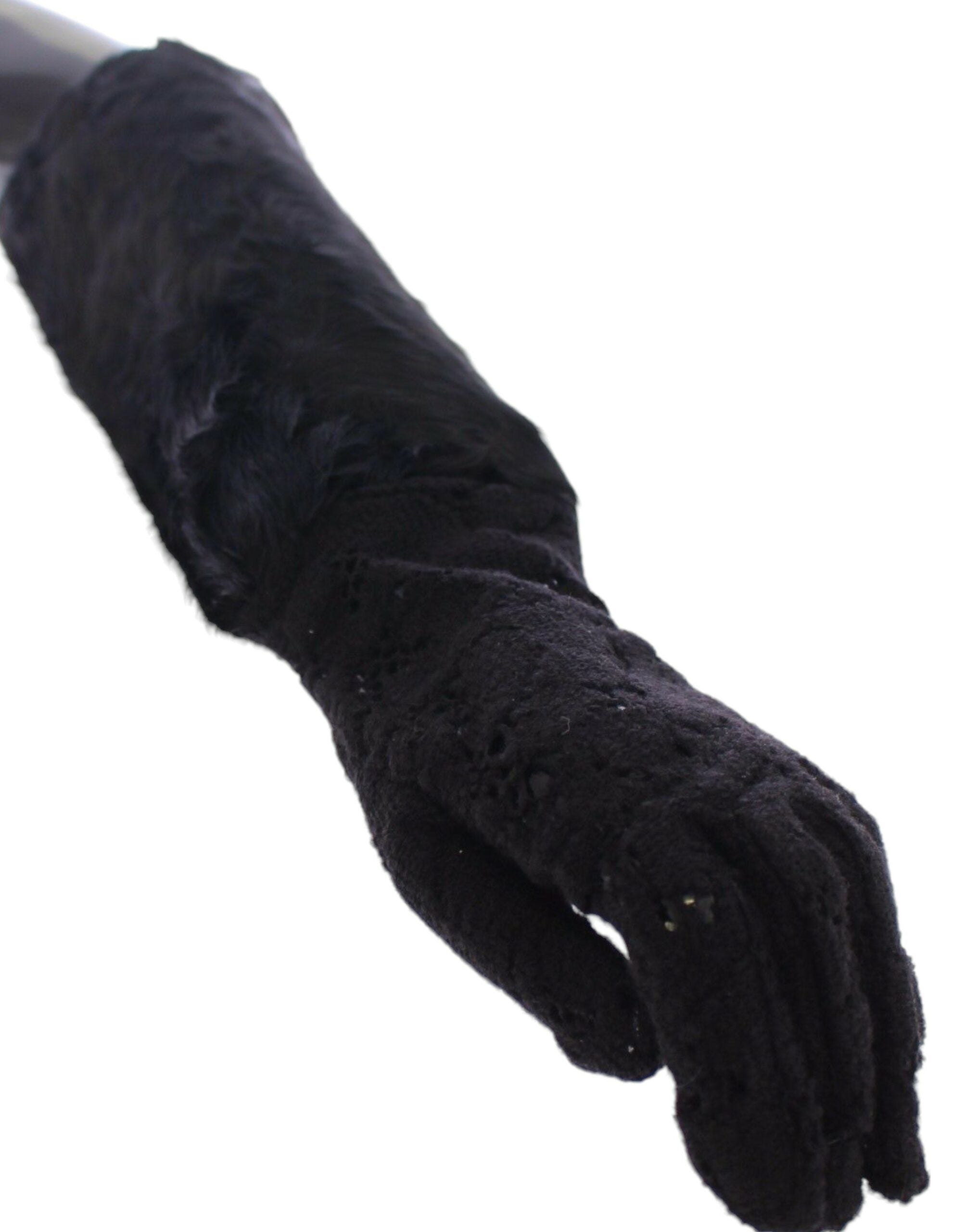 Black Wool Lace & Lamb Fur Elbow Gloves - ventzia