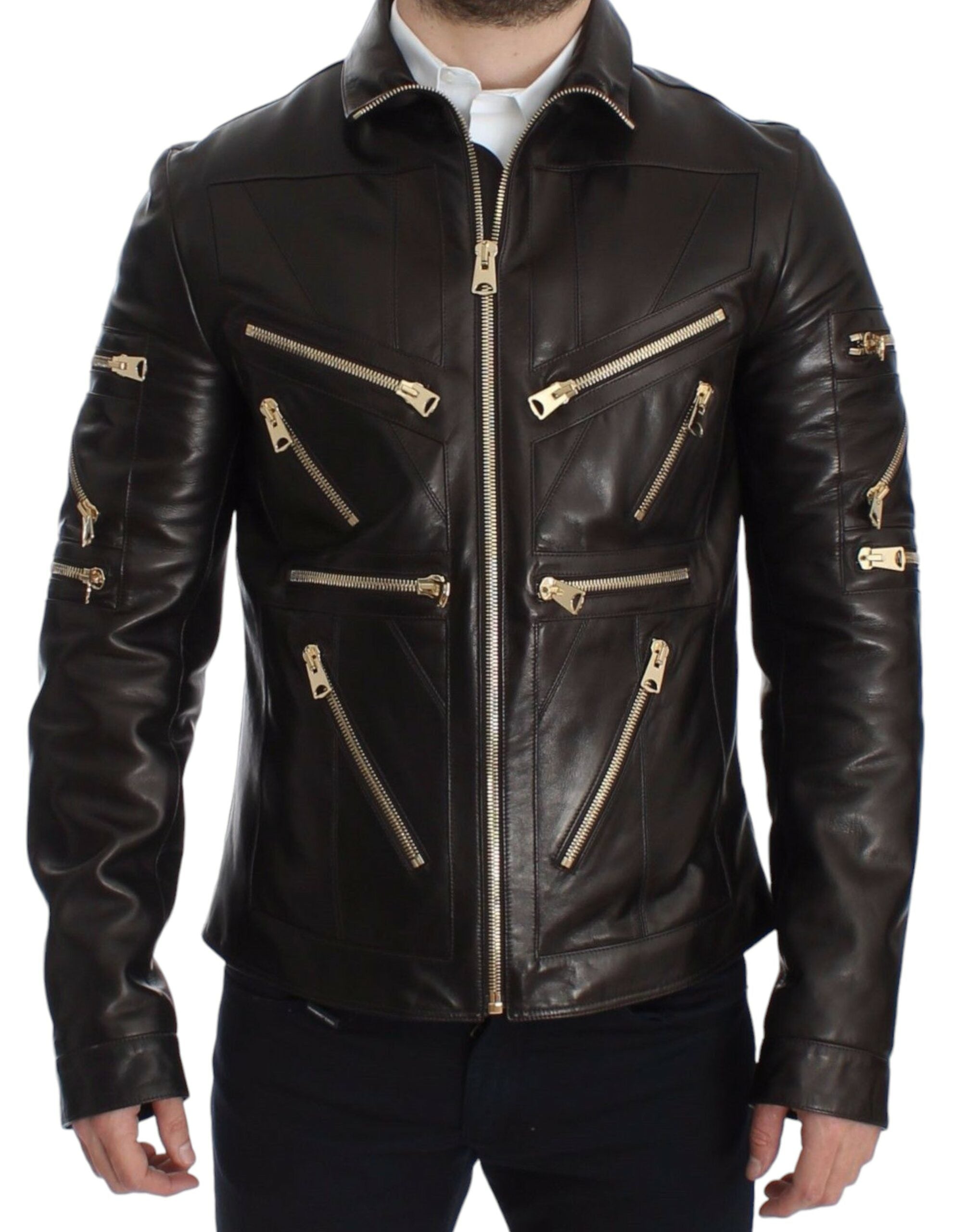 Elegant Brown Gold-Detailed Leather Jacket - ventzia