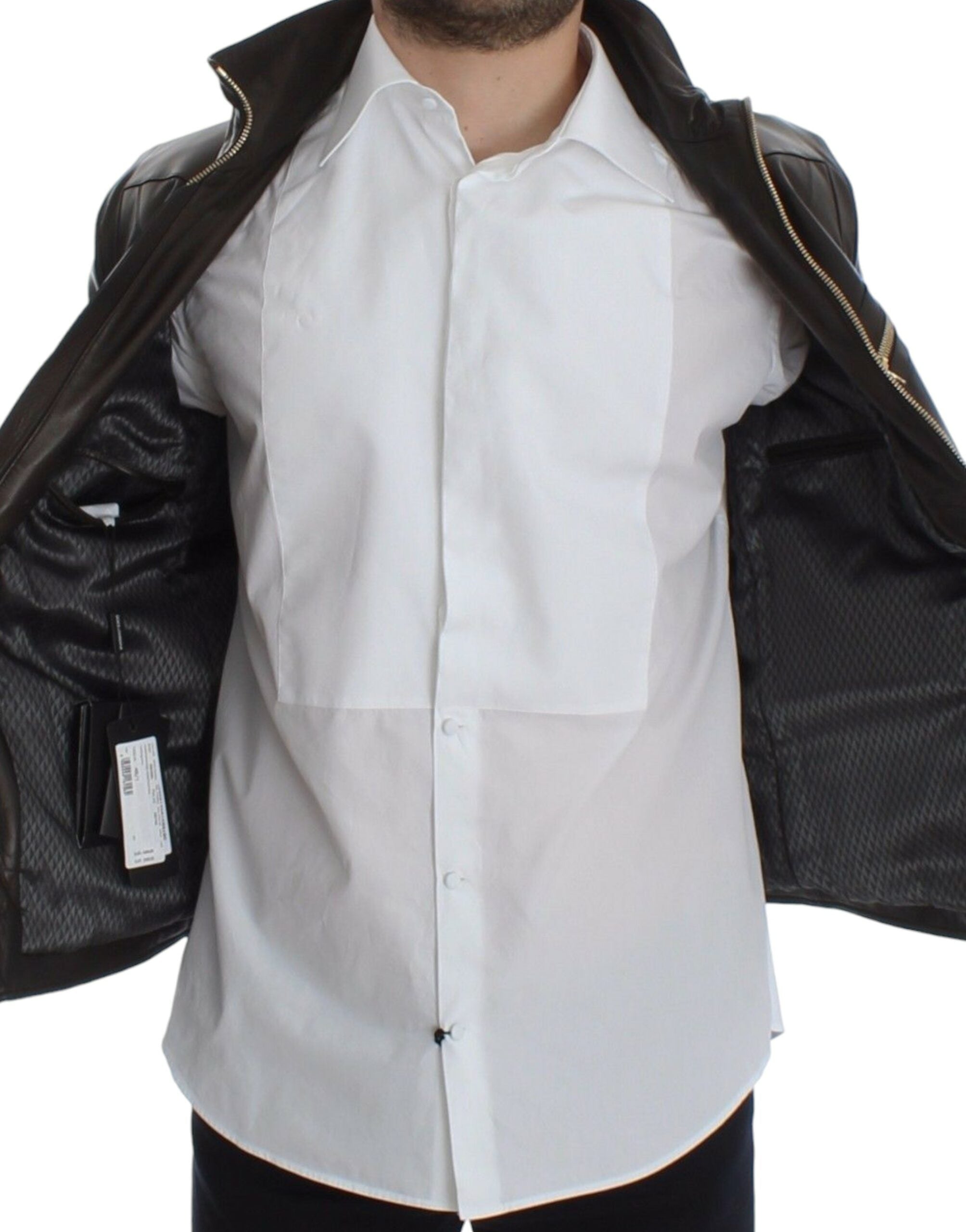 Elegant Brown Gold-Detailed Leather Jacket - ventzia