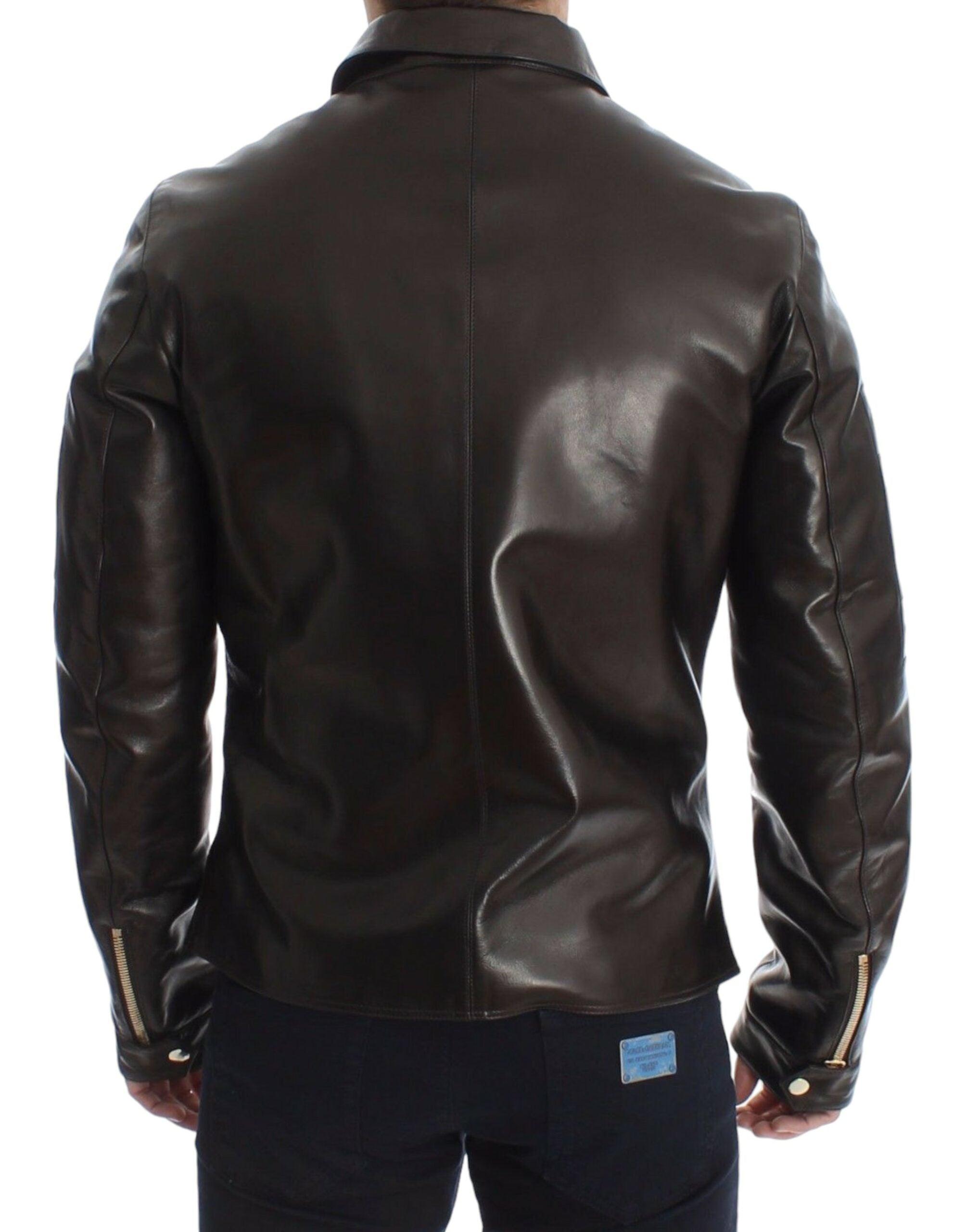 Elegant Brown Gold-Detailed Leather Jacket - ventzia