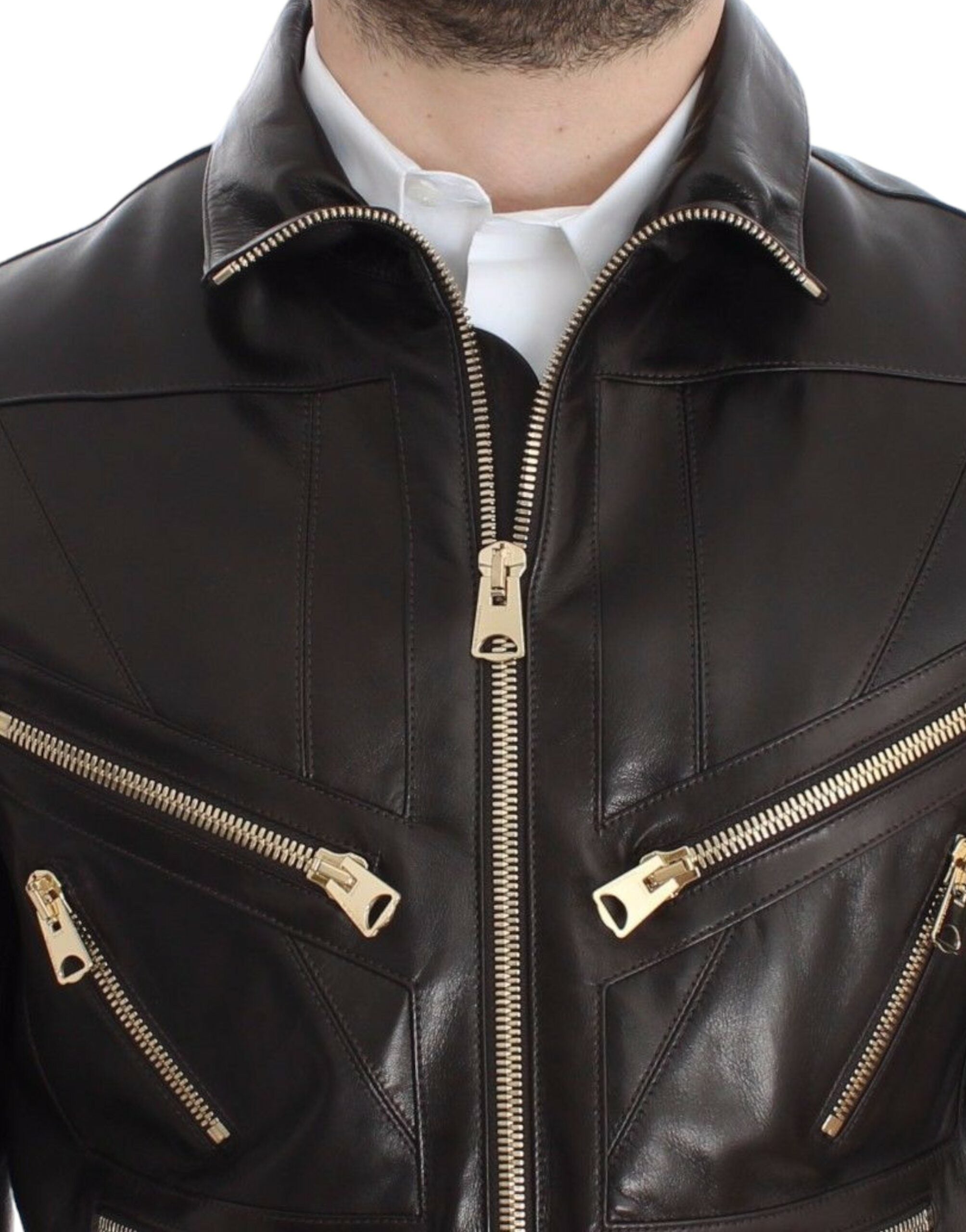 Elegant Brown Gold-Detailed Leather Jacket - ventzia