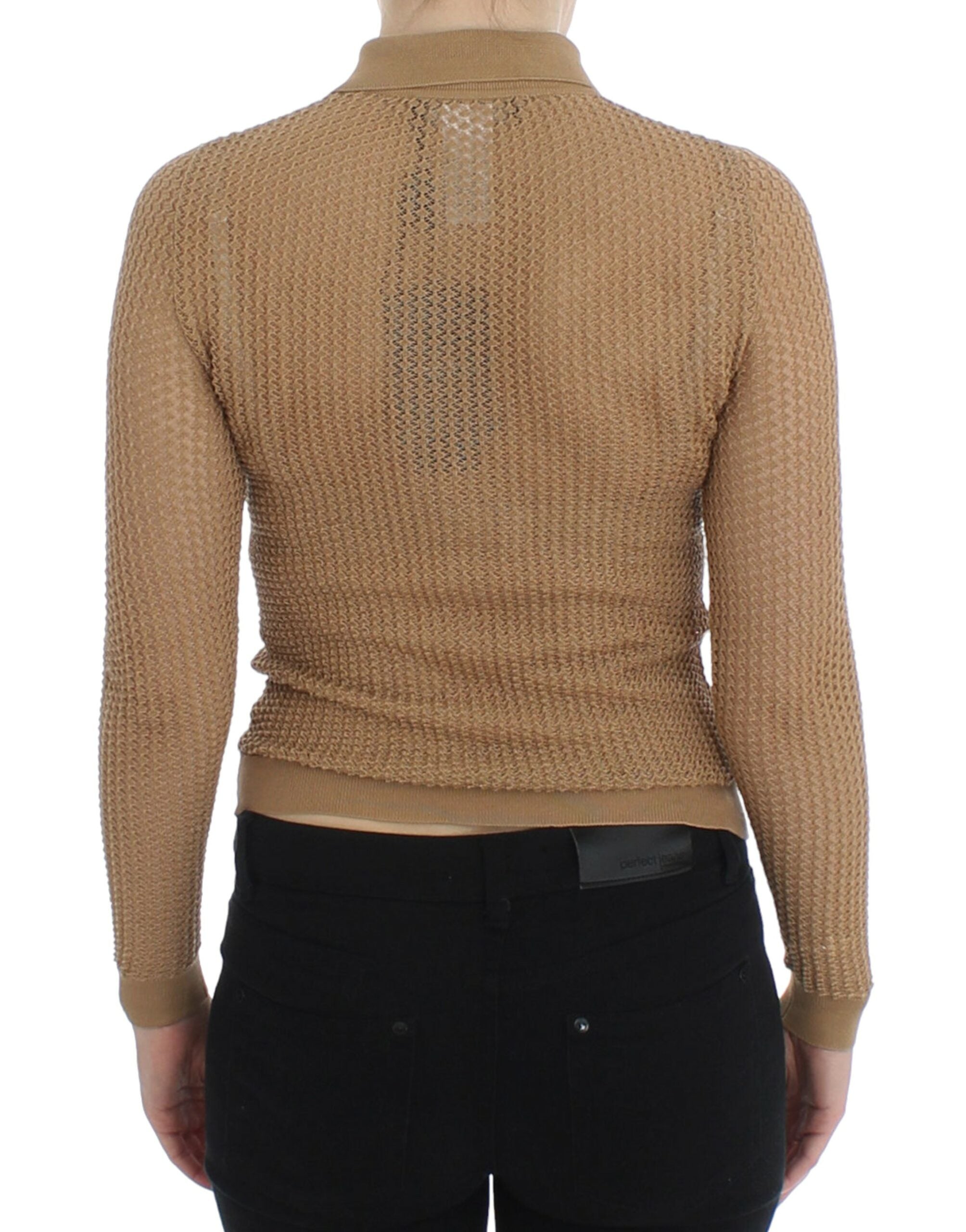 Beige Knitted Cotton Polo Cardigan Sweater - ventzia