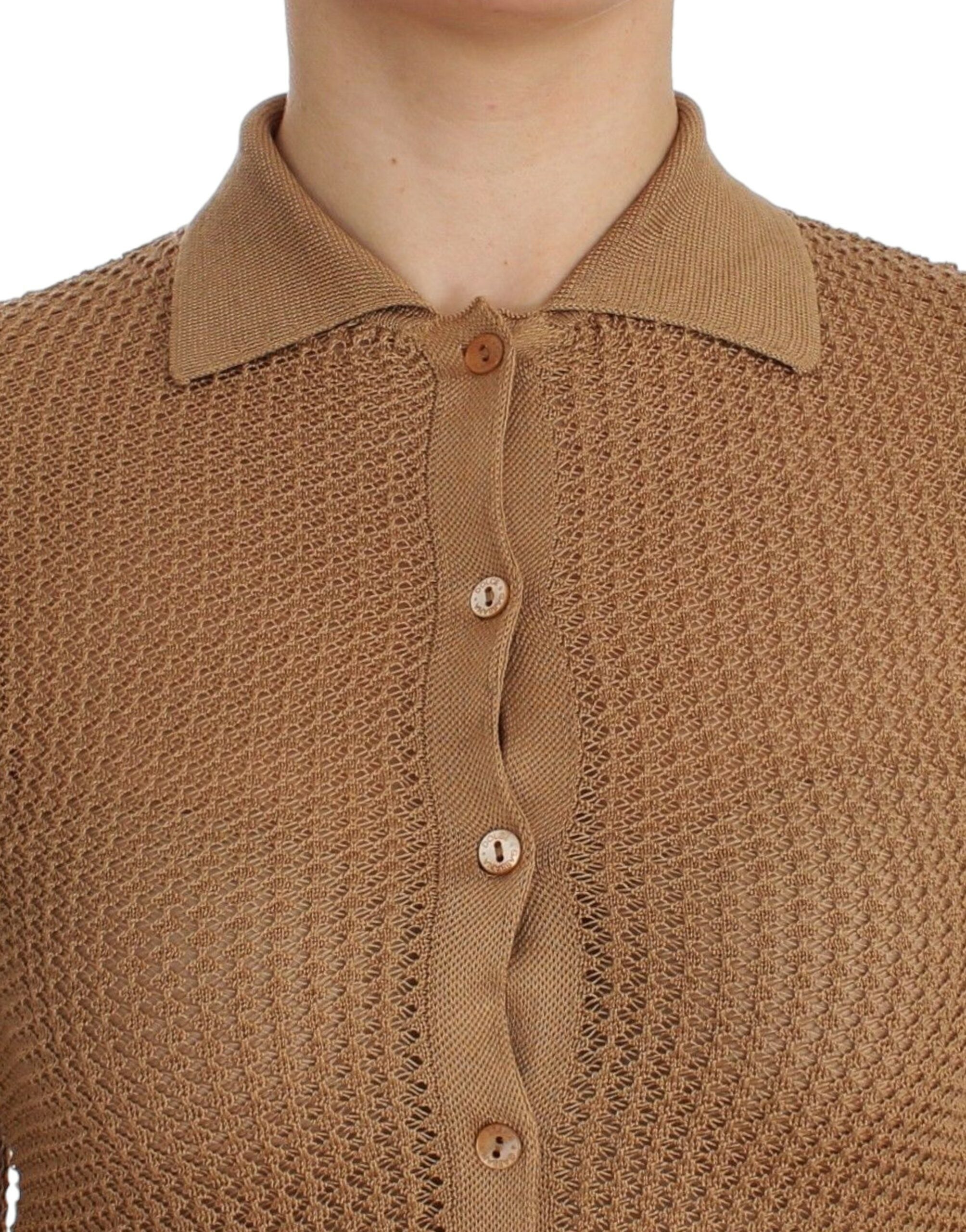 Beige Knitted Cotton Polo Cardigan Sweater - ventzia