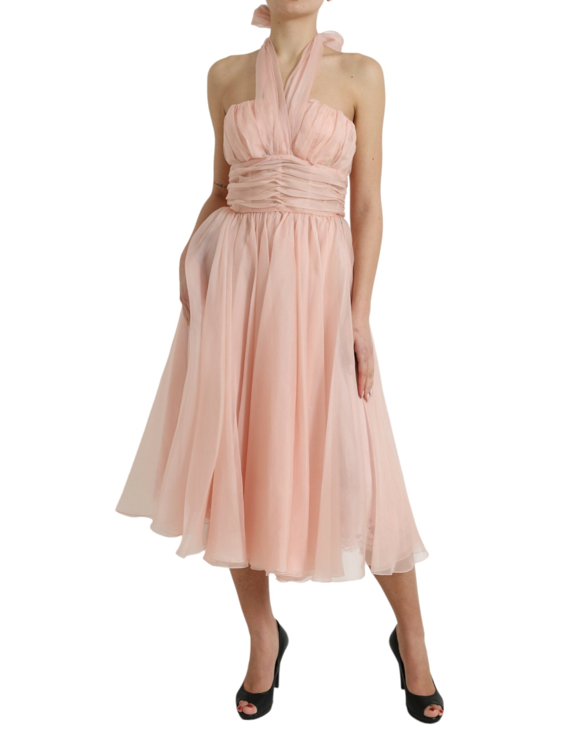 Pink Silk Chiffon Halter A-line Pleated Midi Dress - ventzia