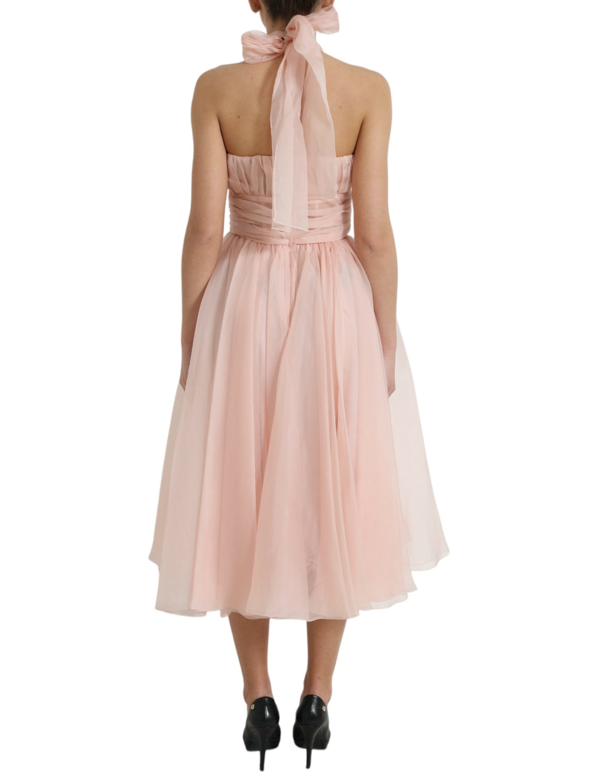 Pink Silk Chiffon Halter A-line Pleated Midi Dress - ventzia