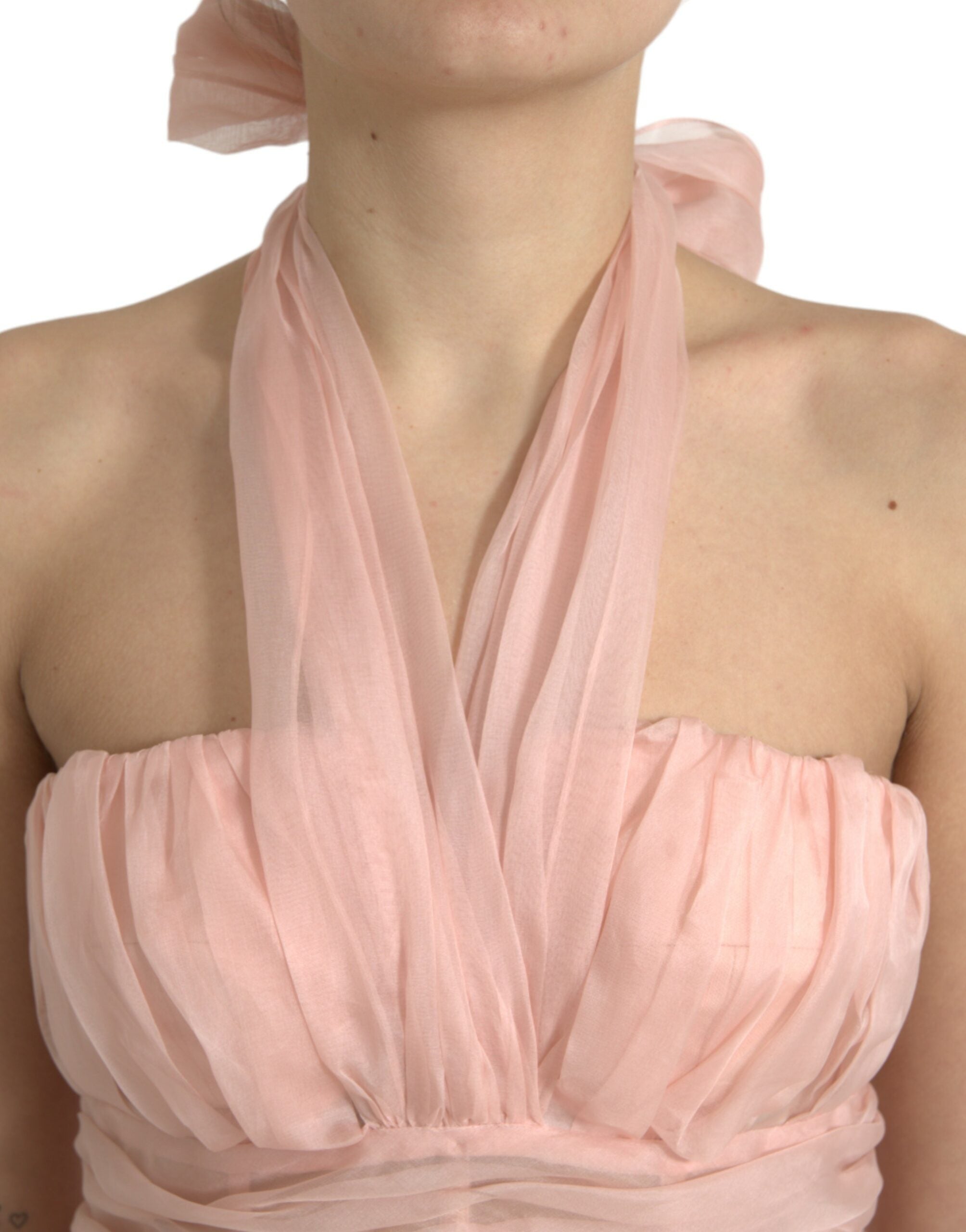 Pink Silk Chiffon Halter A-line Pleated Midi Dress - ventzia