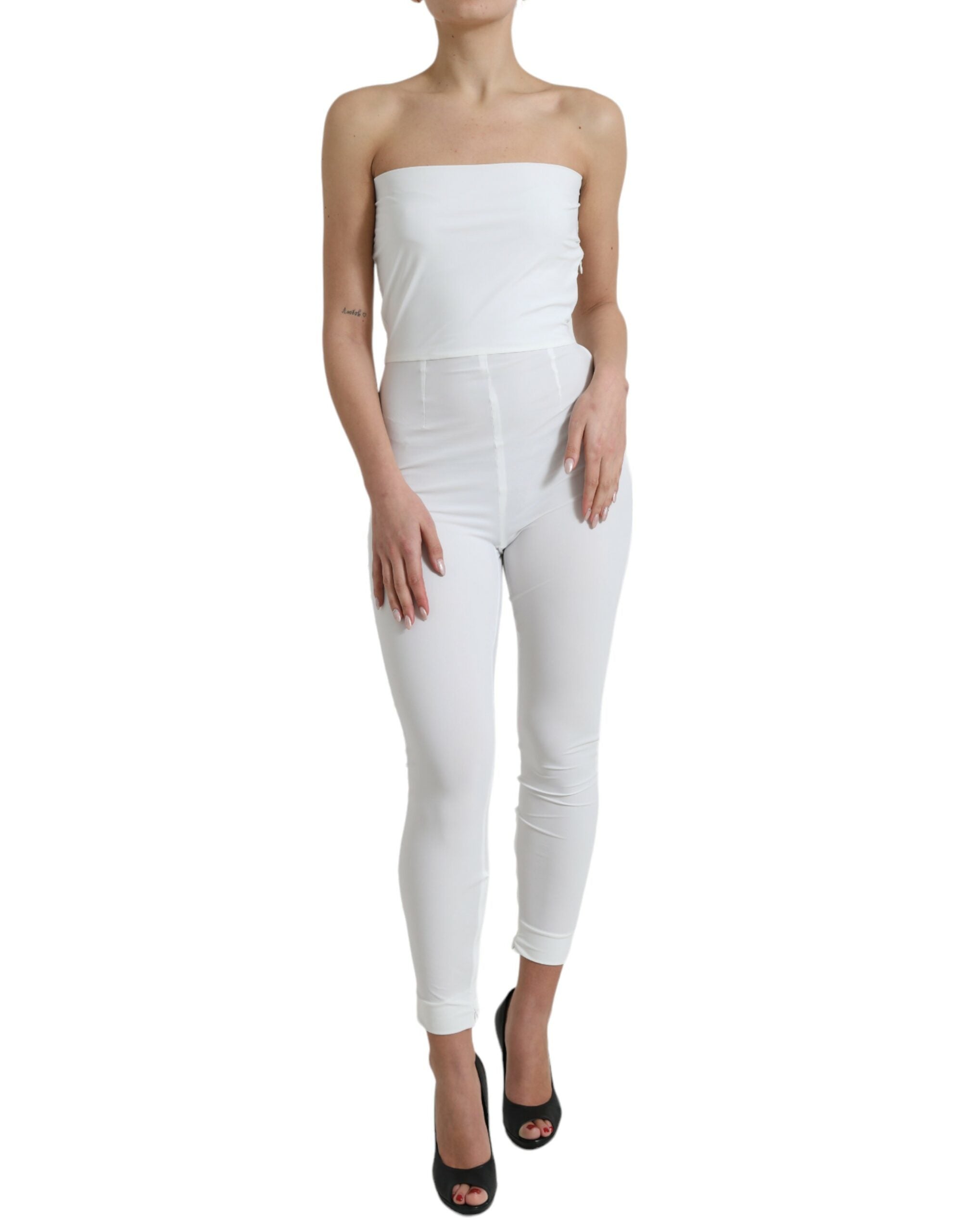 White Nylon Strapless Bodycon Jumpsuit Dress - ventzia