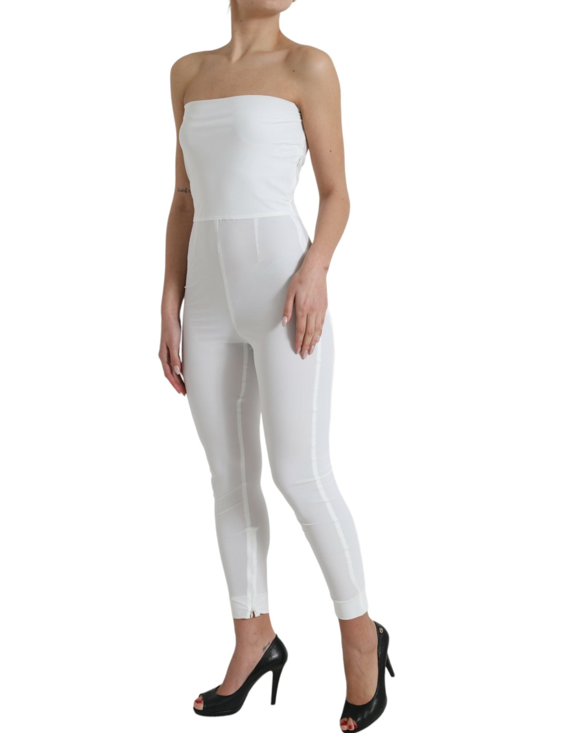 White Nylon Strapless Bodycon Jumpsuit Dress - ventzia