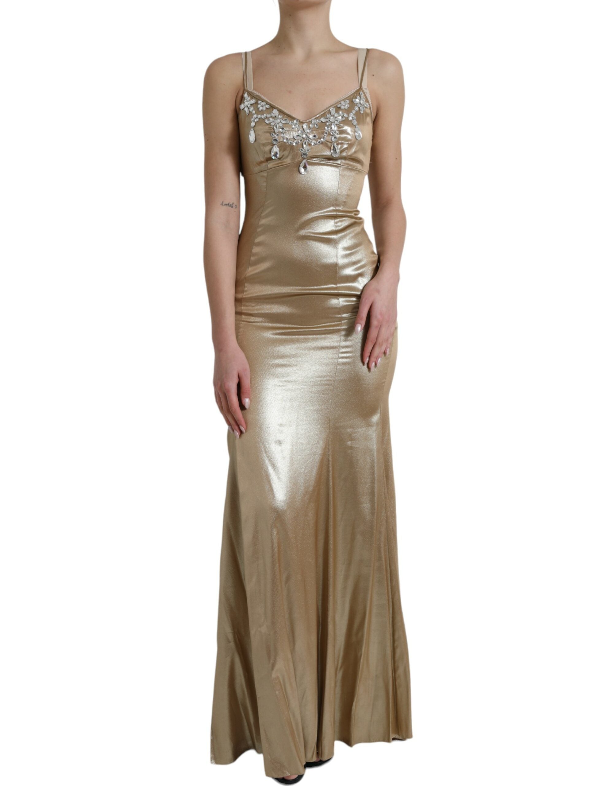 Metallic Gold Crystal Embellished Gown Dress - ventzia