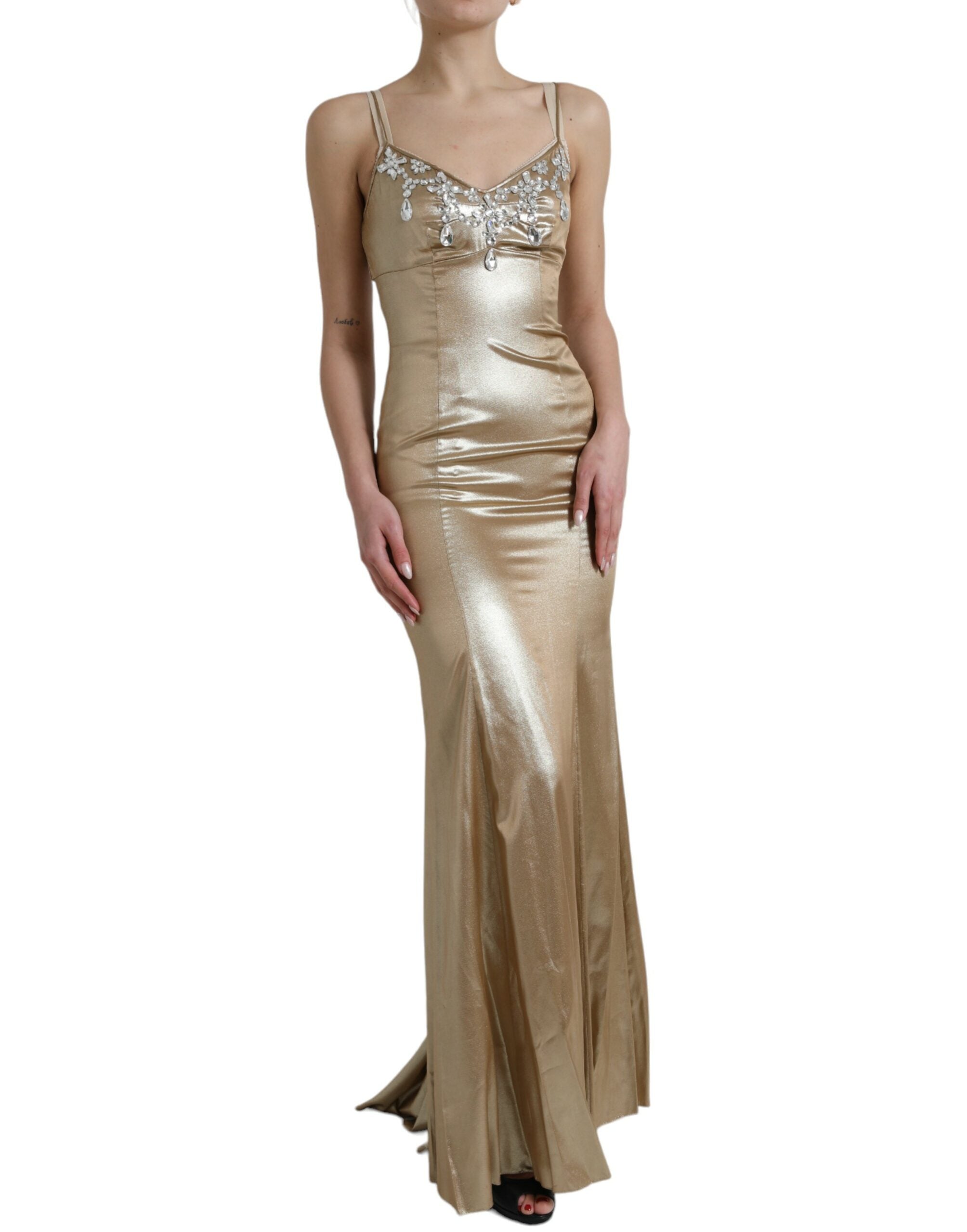 Metallic Gold Crystal Embellished Gown Dress - ventzia