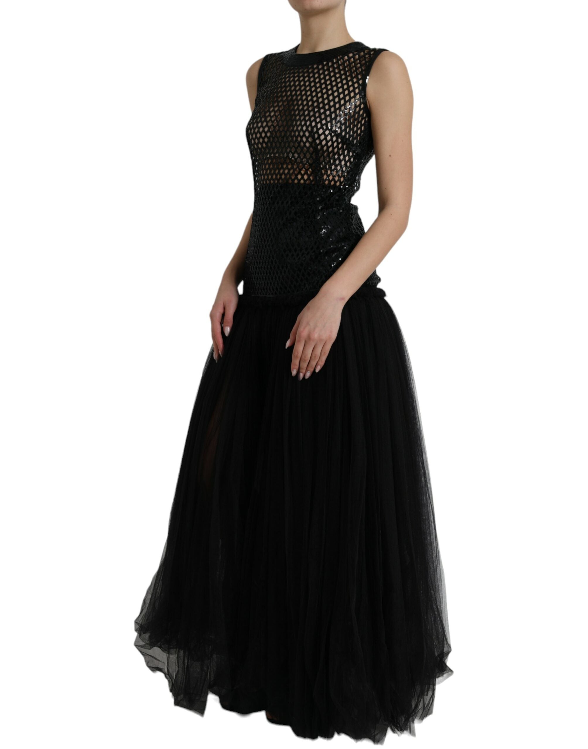 Black Sequined Sleeveless Mesh Layered Gown Dress - ventzia