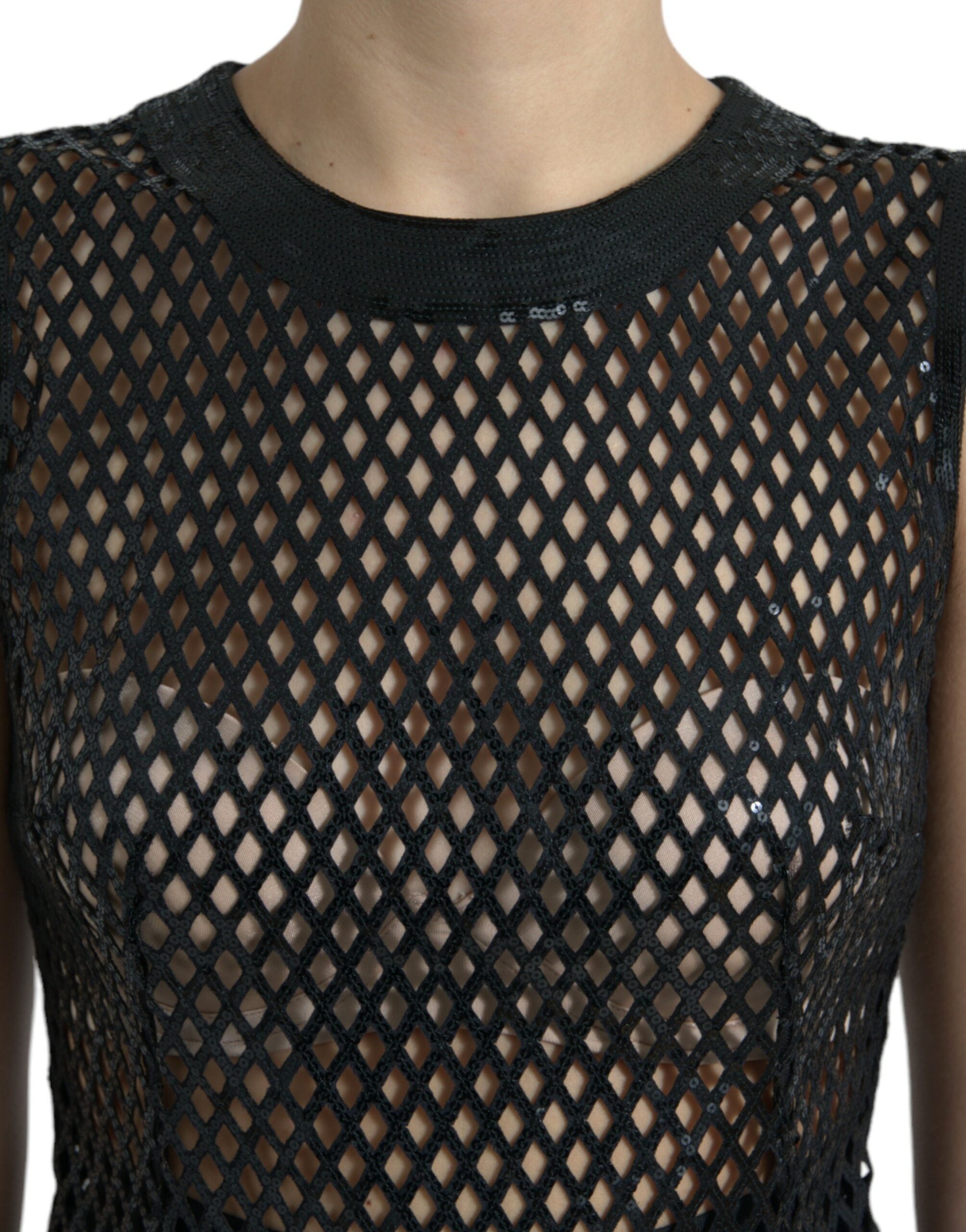 Black Sequined Sleeveless Mesh Layered Gown Dress - ventzia