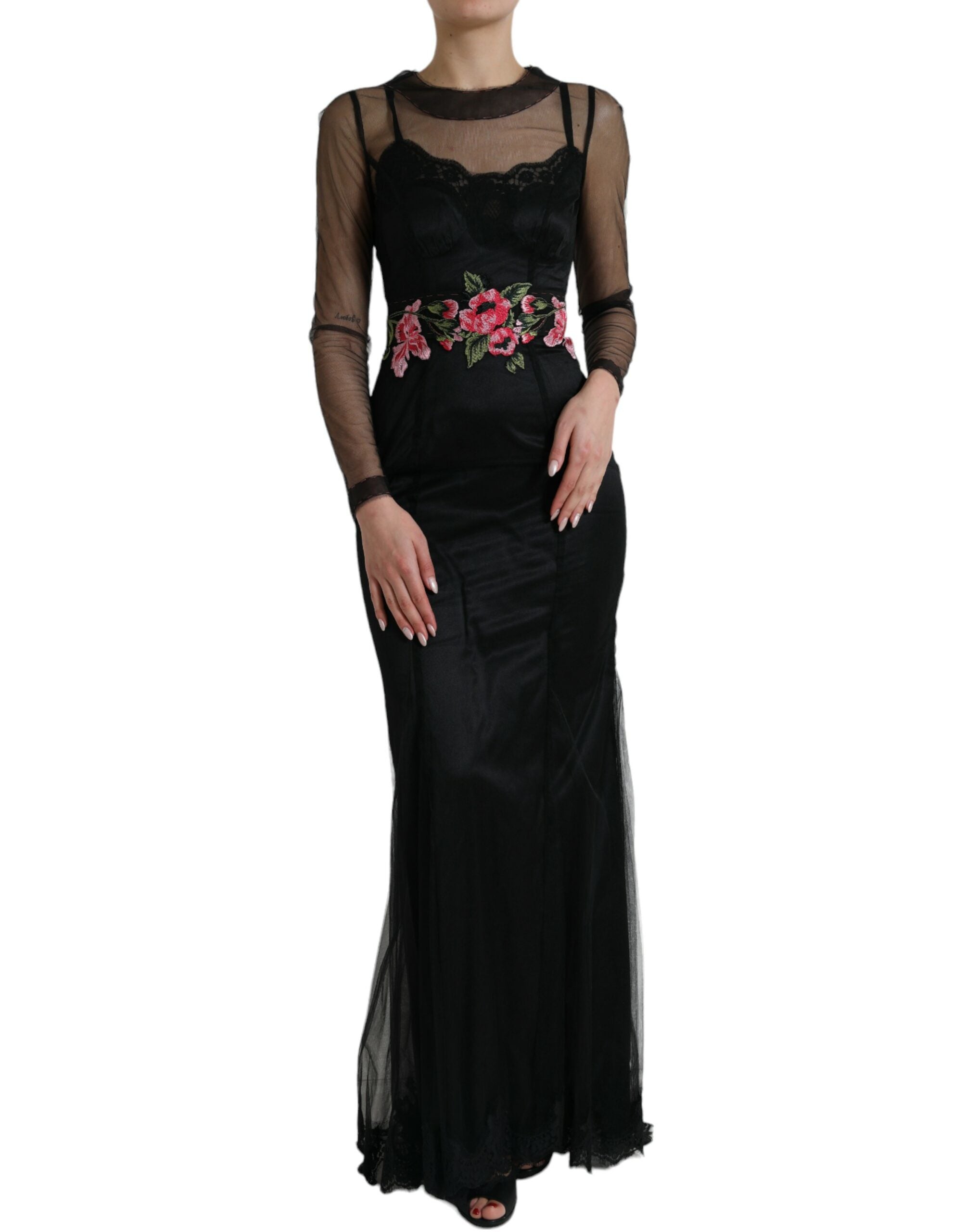 Black Floral Embroidery Mesh Tulle Gown Dress - ventzia