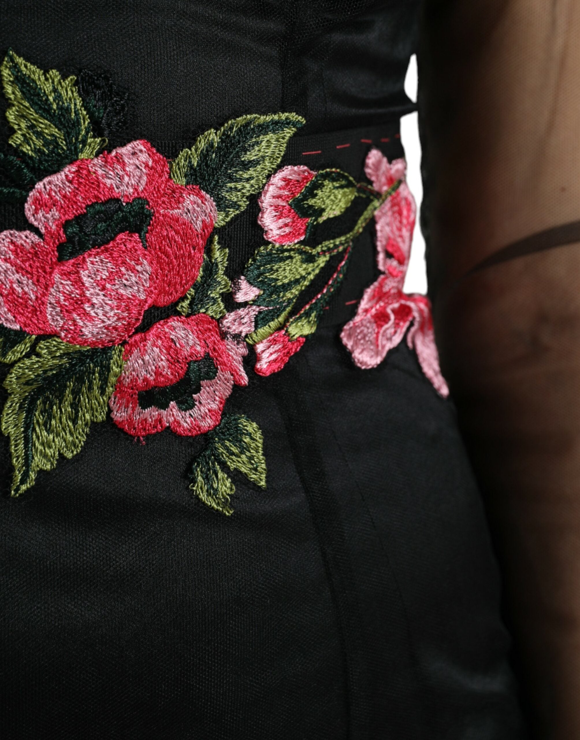 Black Floral Embroidery Mesh Tulle Gown Dress - ventzia
