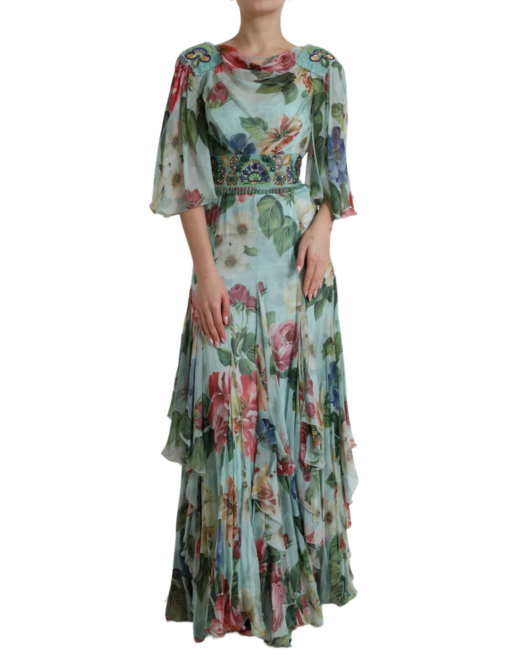Blue Floral Print Tiered Long Maxi Dress - ventzia