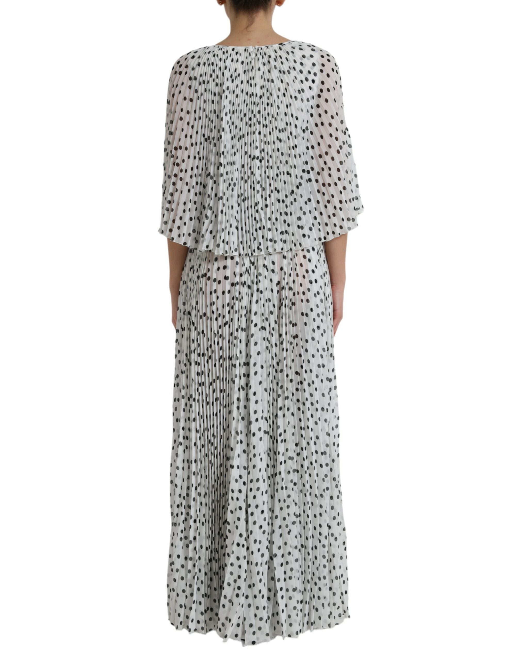 White Polka Dot A-line Pleated Maxi Dress - ventzia