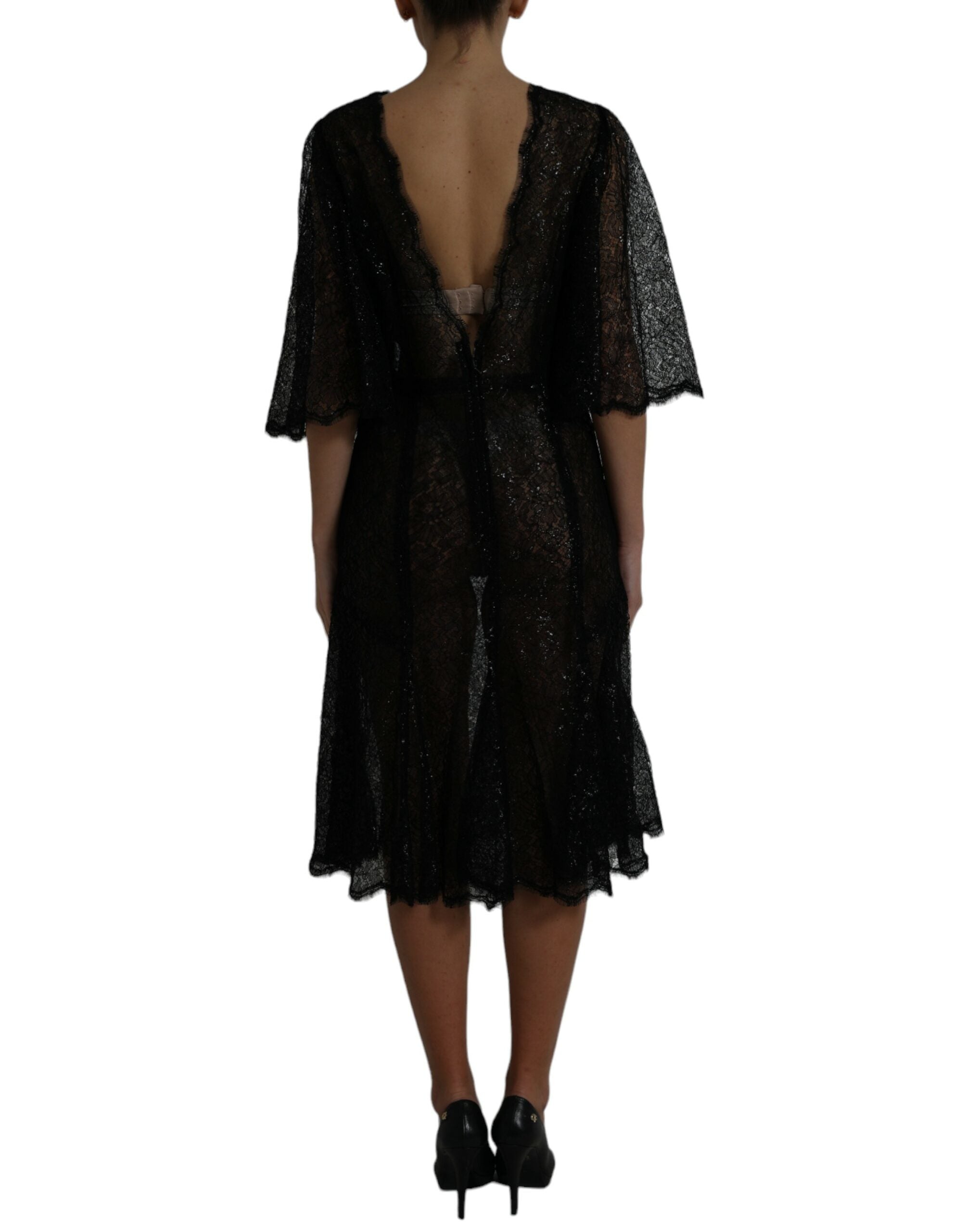 Black Floral Lace Sheer A-line Midi Dress - ventzia