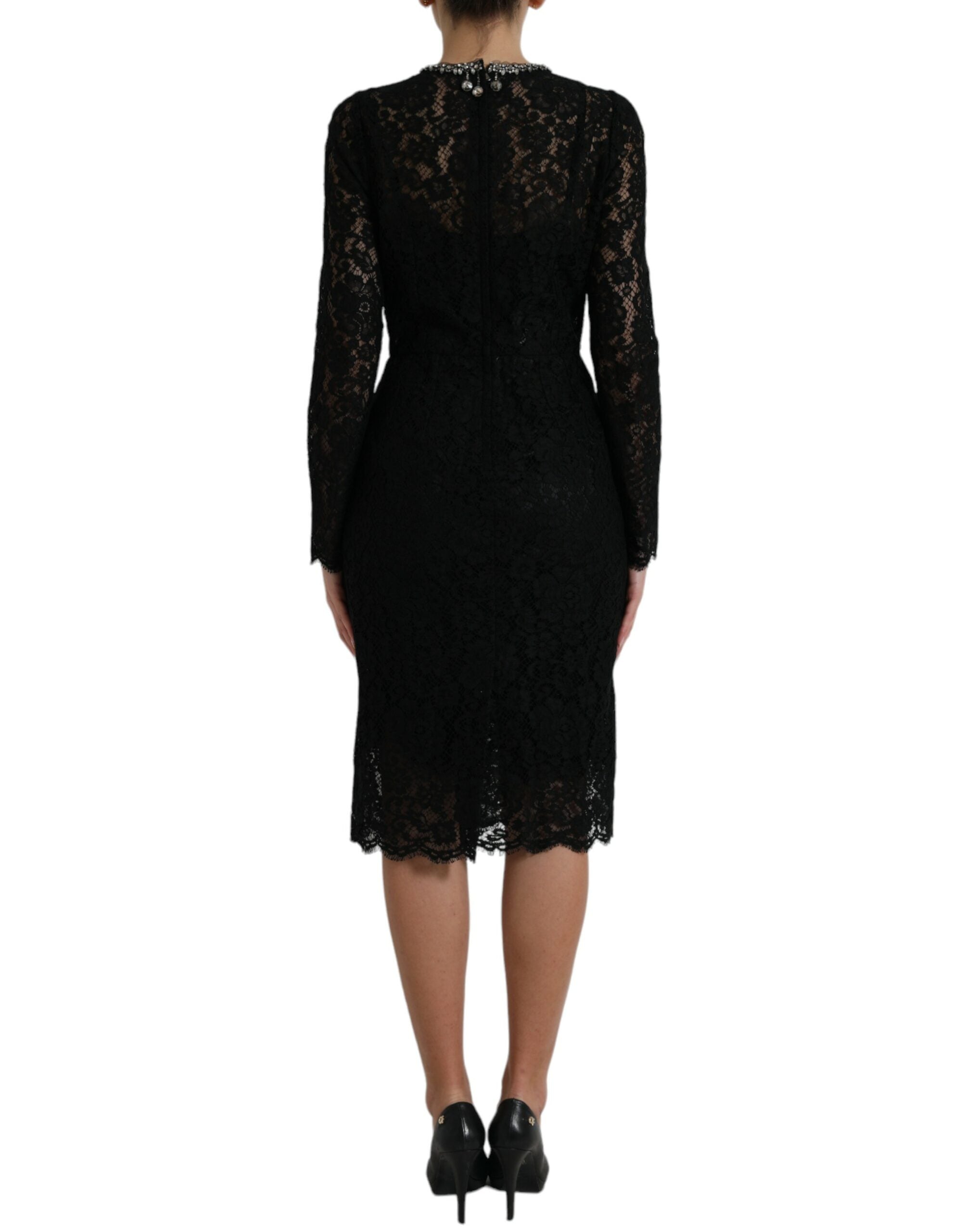 Black Lace Crystal Embellished Sheath Dress - ventzia