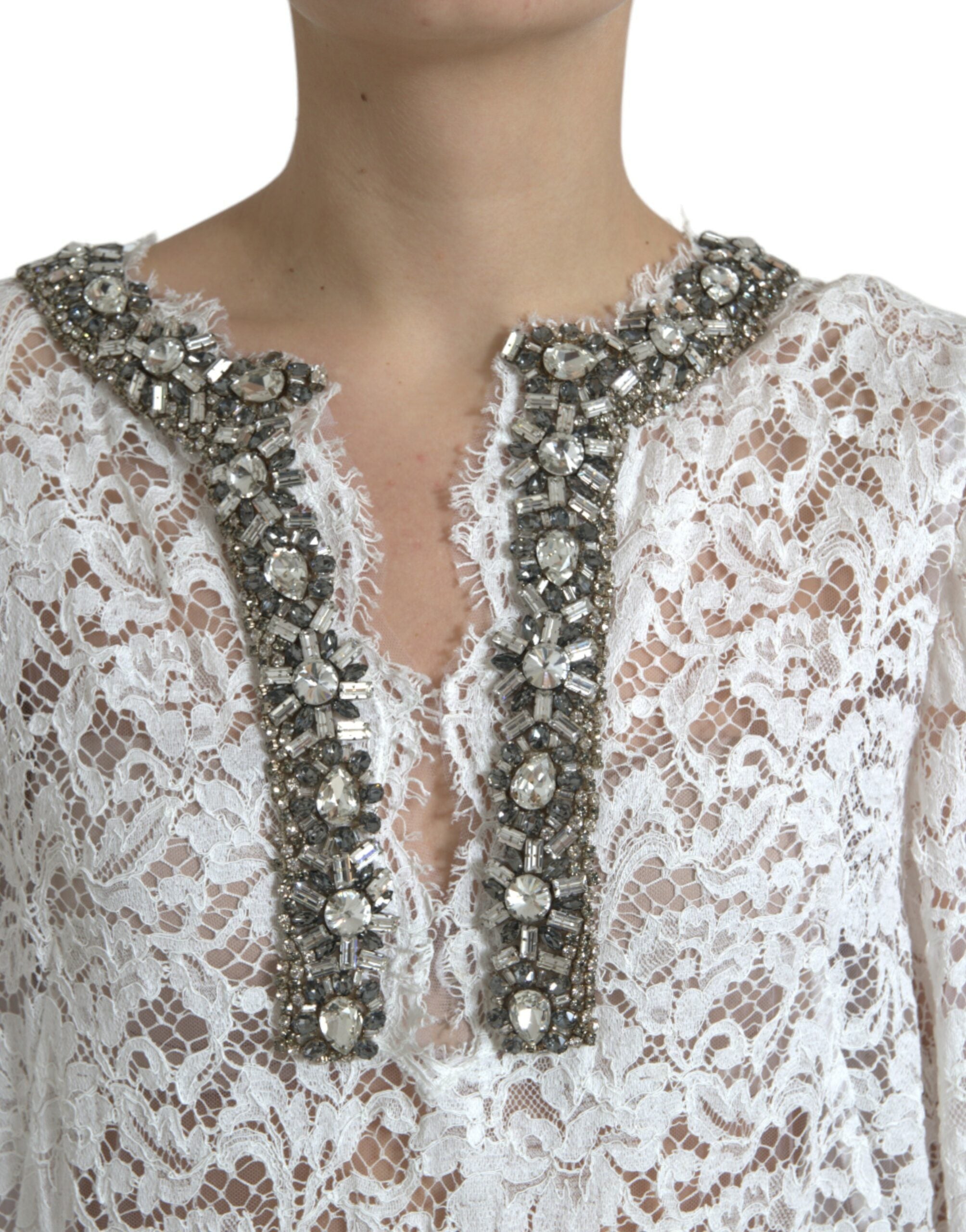 White Lace Crystal Embellished Shift Dress - ventzia
