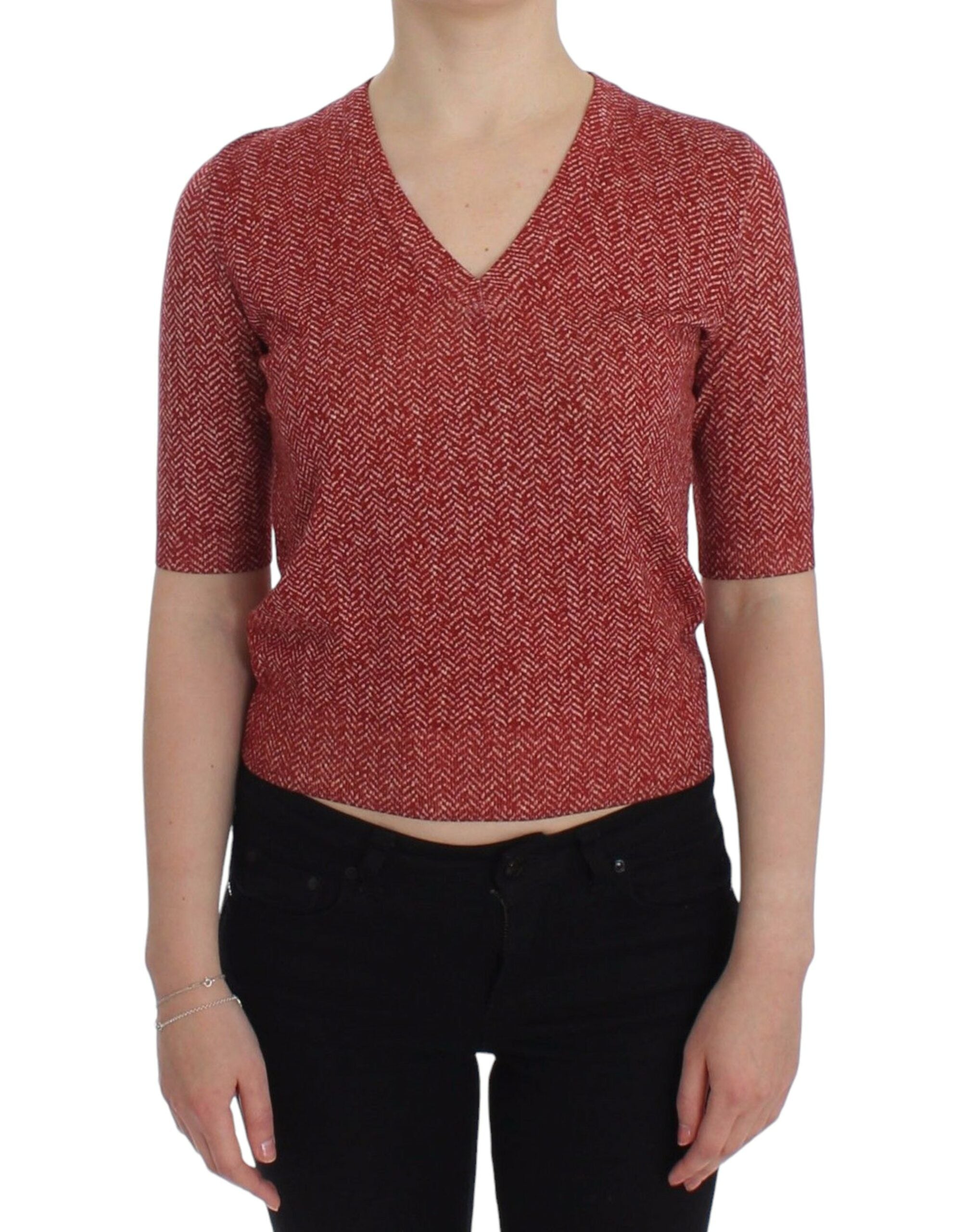 Enchanting Red Tweed V-Neck Sweater - ventzia