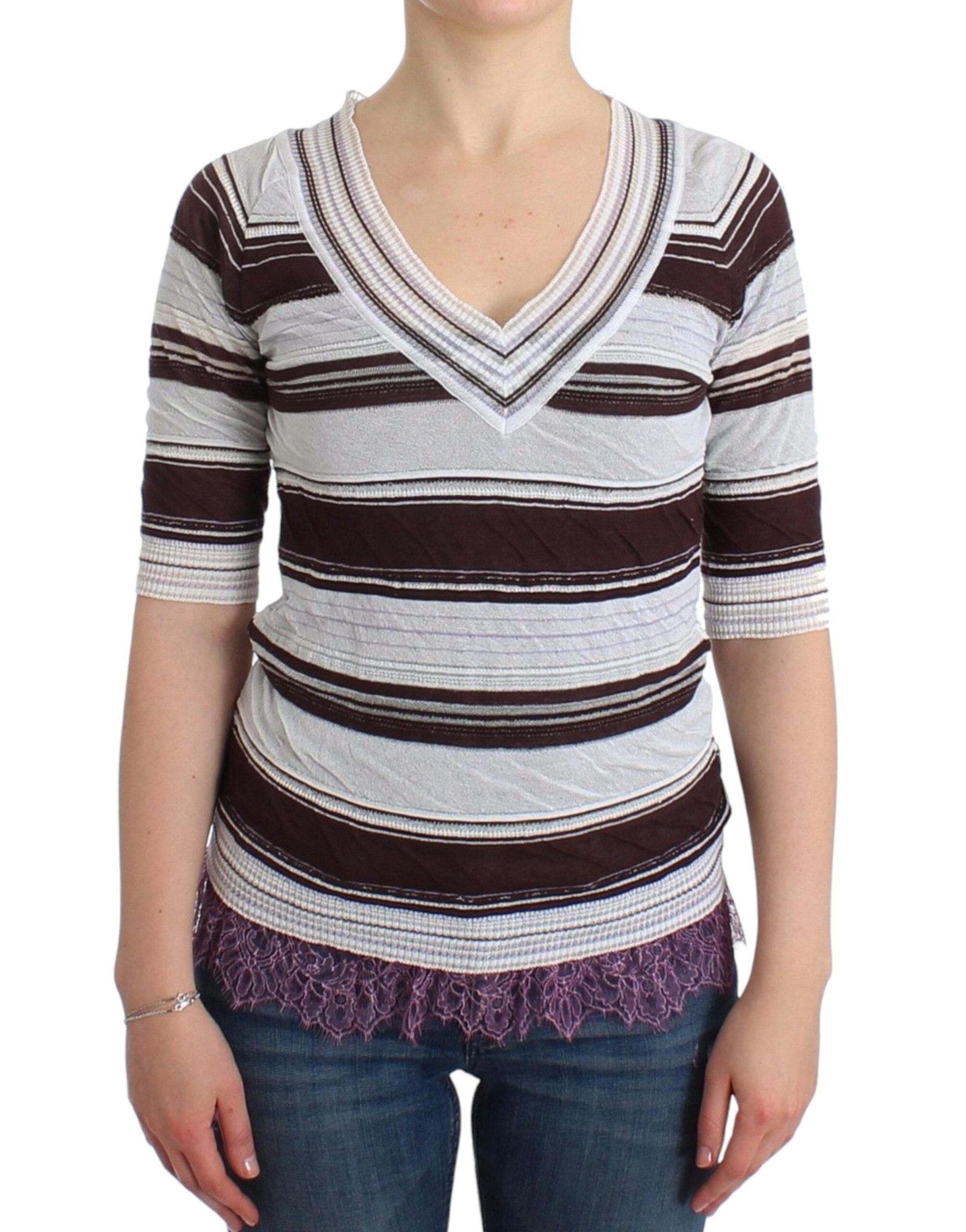 Striped V-Neck Knit Top with Lace Hem - ventzia