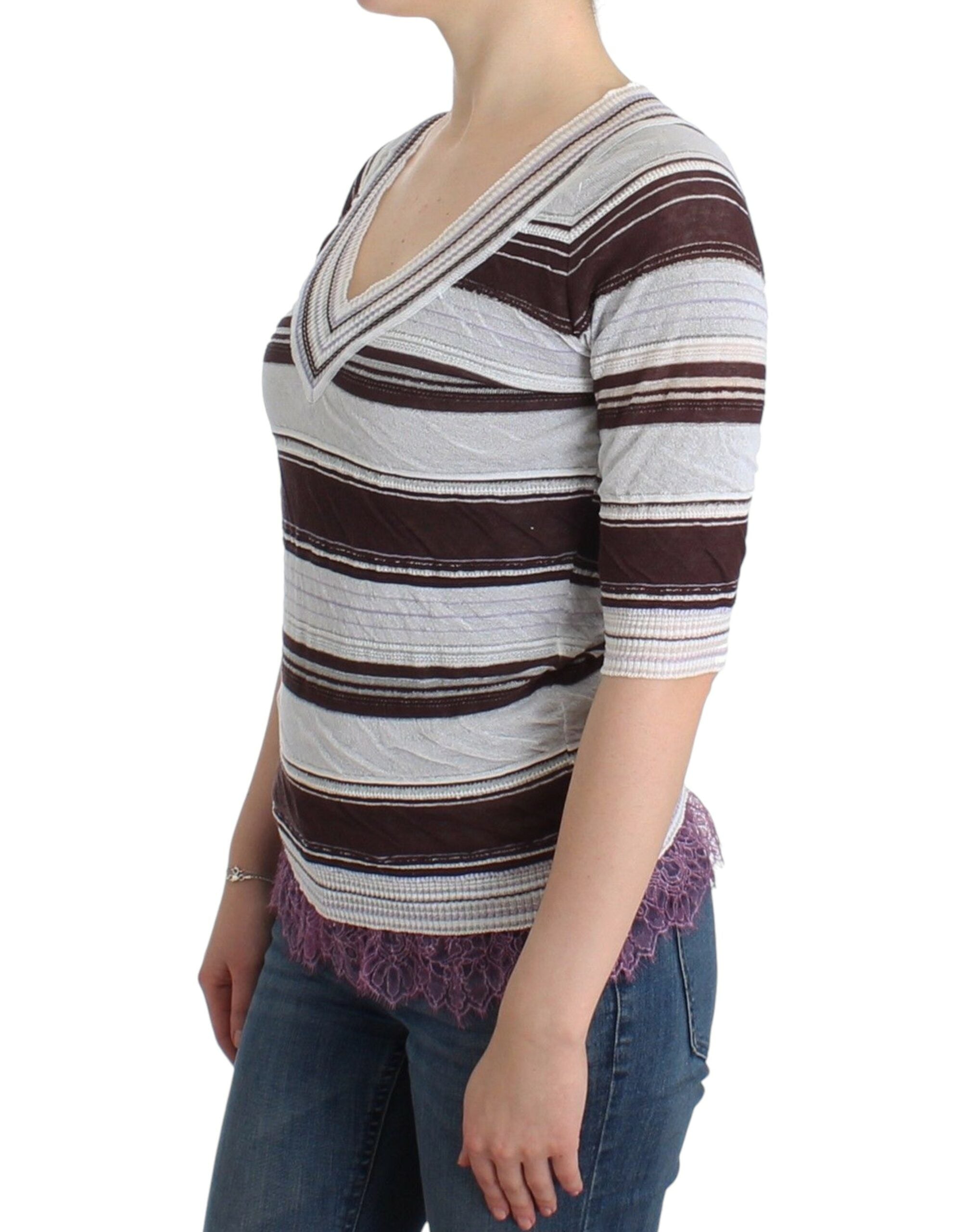 Striped V-Neck Knit Top with Lace Hem - ventzia